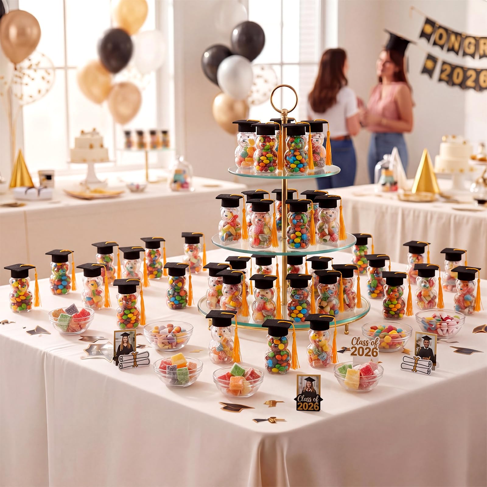 15 Set Graduation Cap Bear Jars Graduation Candy Boxes Containers Plastic Clear Bear Jars with Black Grad Cap and Tassel Grad Gifts Bulk for Party Favors Decorations (60 ml,Black Eyes)