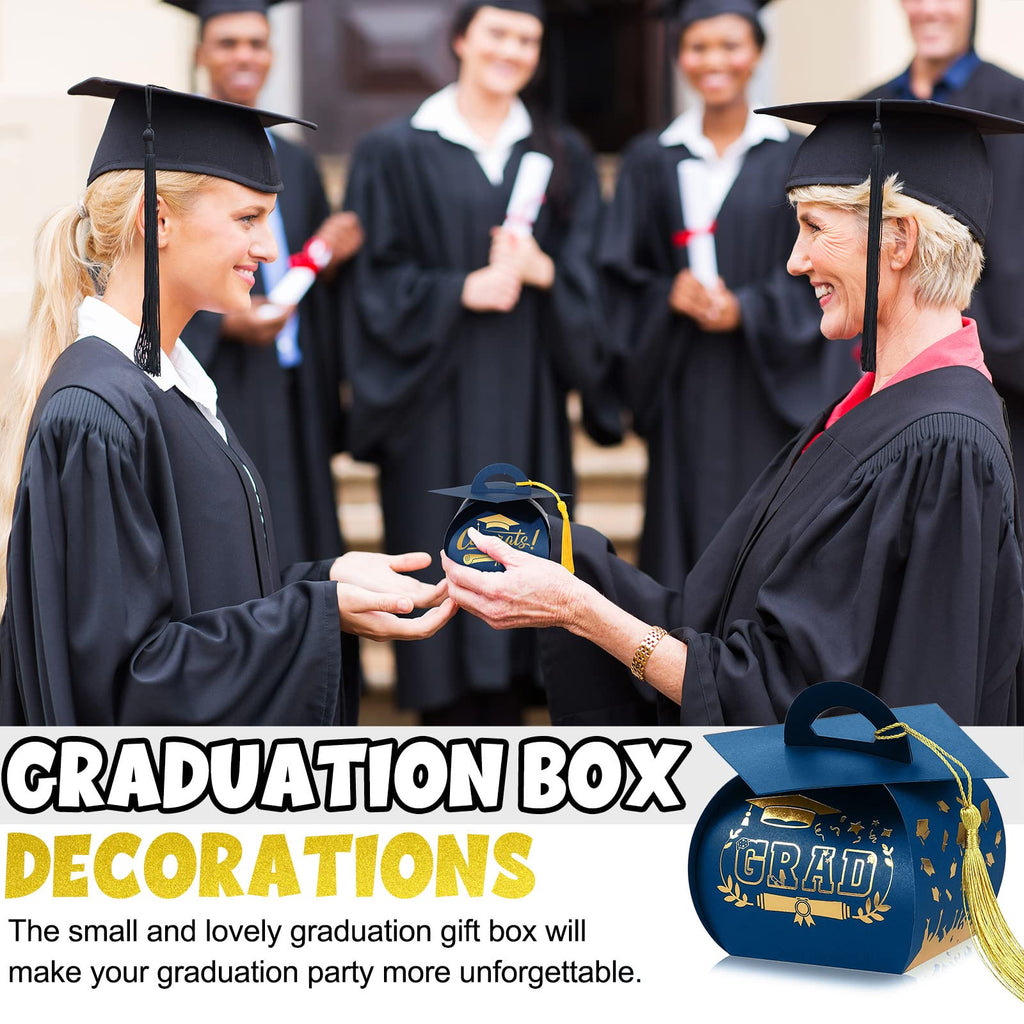 Spakon 30 Pcs Graduation Cap Gift Box Graduation Party Favors Candy Boxes Treat Box with Tassel Table Centerpieces Class of 2026 Grad Decorations(Blue, Gold)