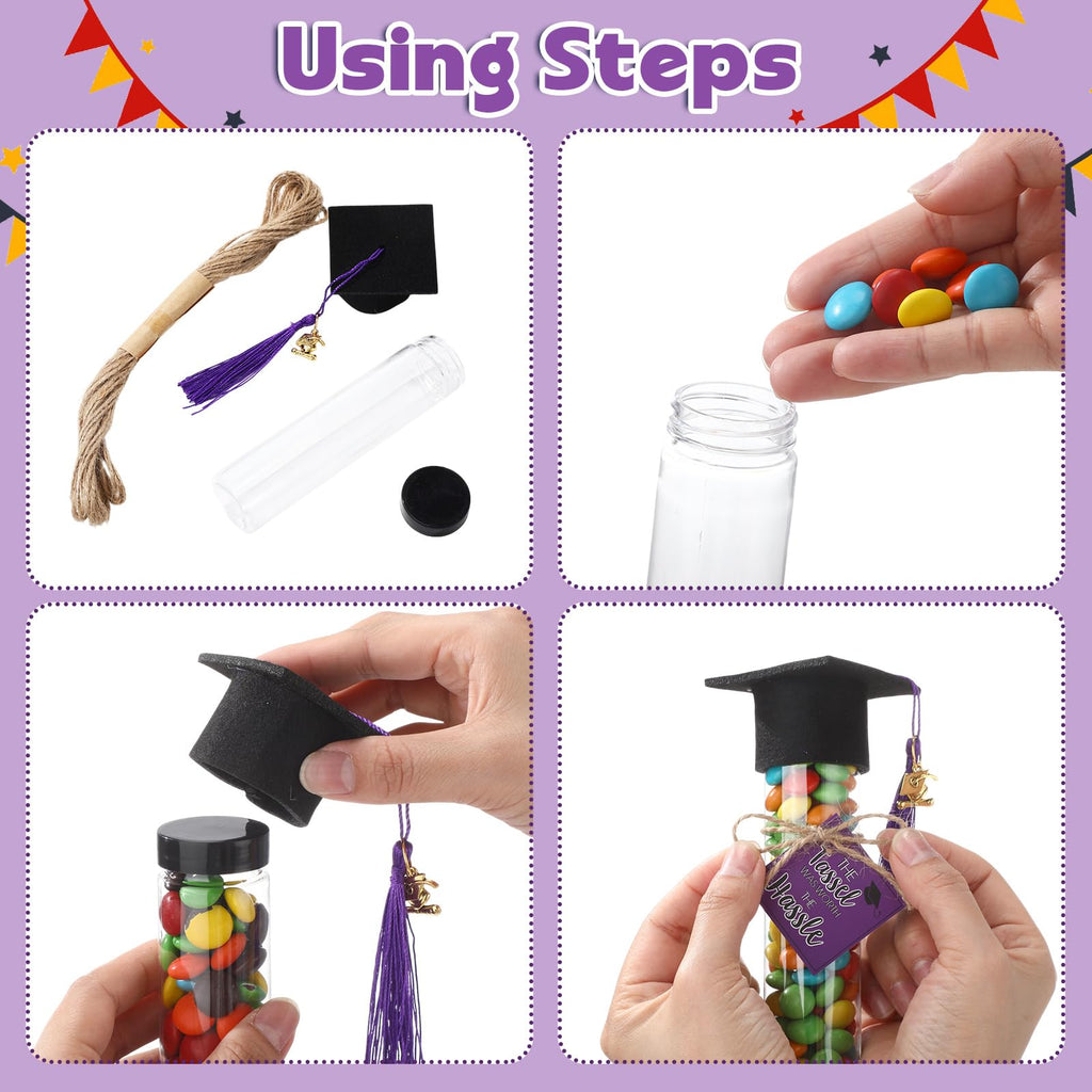 Willinglong 30 Set 2026 Graduation Candy Tubes Jars Set 100 ml Fillable Clear Plastic Gumball Container with Cap with Tassel and Cards for DIY 2026 Graduation Party Favors(Blue)