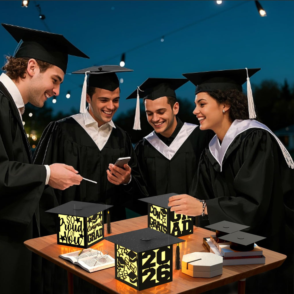 6 Pcs Graduation Table Centerpieces Boxes Class of 2026, Golden Graduation Paper Lanterns Boxes with String Lights Hollow Out for Congrats Grad School College Table Decorations Grad Party Photo Props
