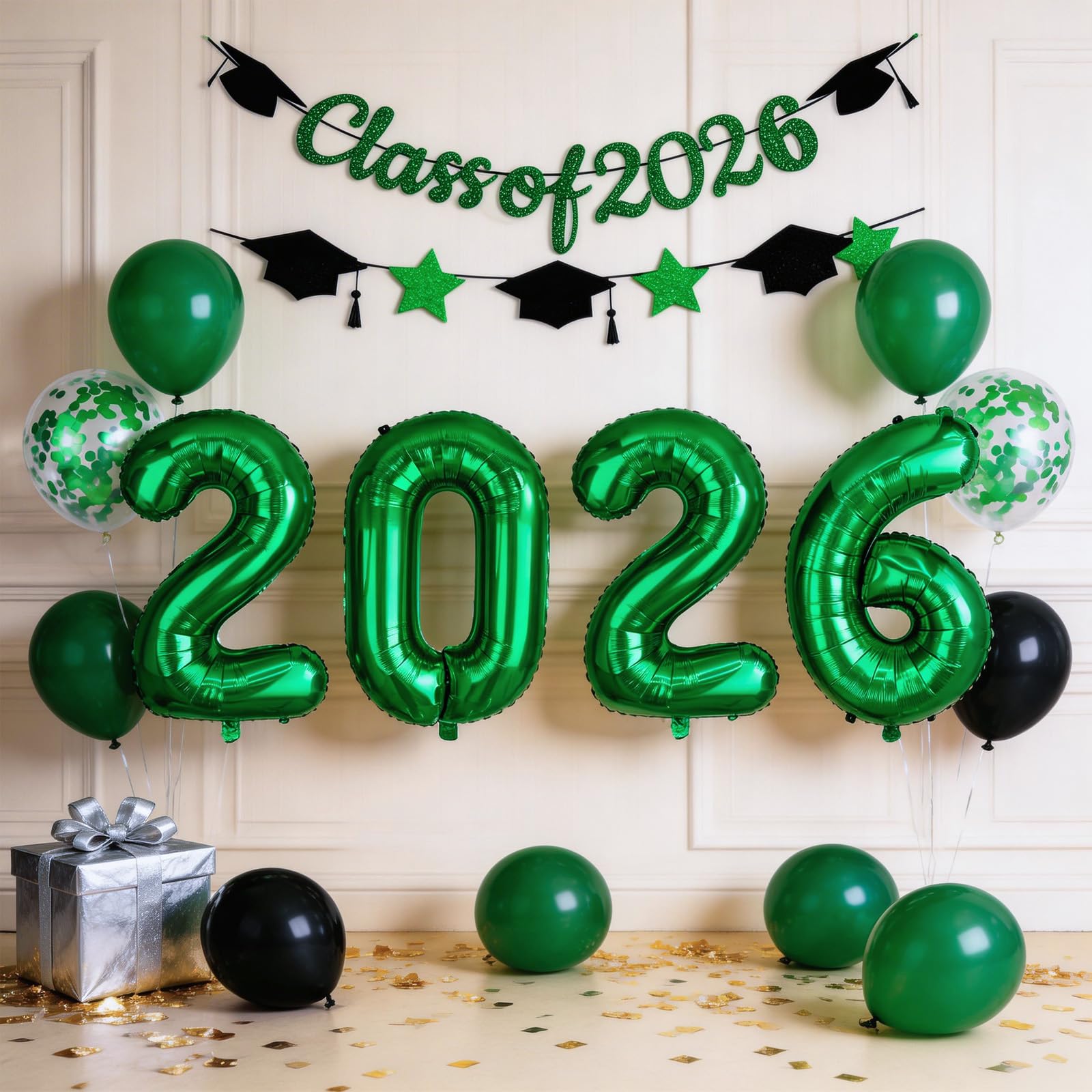 Graduation Balloons Class of 2026, Black Gold Graduation Party Decorations Set with 32in 2026 Number Balloons Confetti Balloon Star Cap Garland Banner for Senior High School College Grad Party Decor