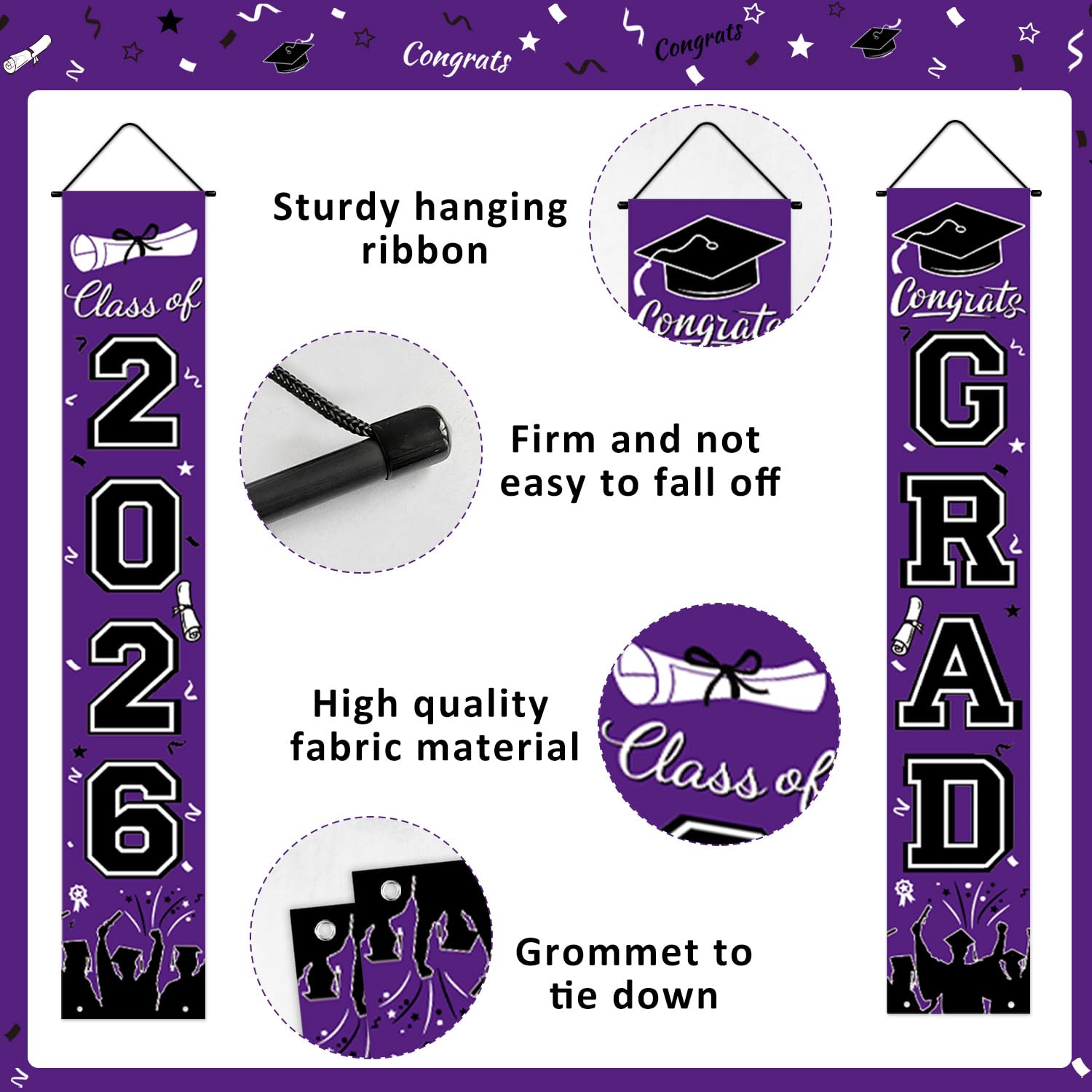 Graduation Decorations 2026 Porch Banner, Black and Gold Graduation Banner Class of 2026, Congrats Grad Decorations for Door and Porch Party Supplies