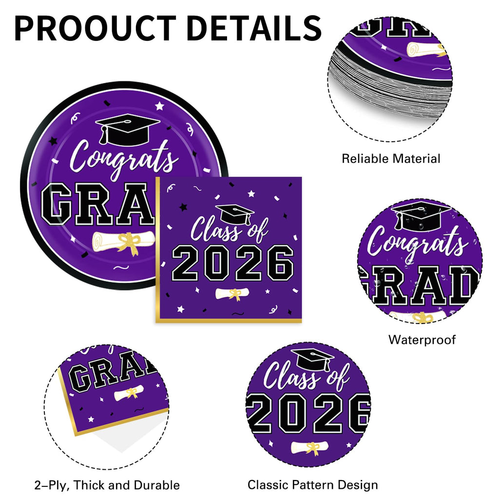 Graduation Decorations 2026 Class of 2026 Congrats Grad Disposable Paper Plates Luncheon Napkins Cocktail Napkins Black Gold Graduation Party Supplies Serve 50