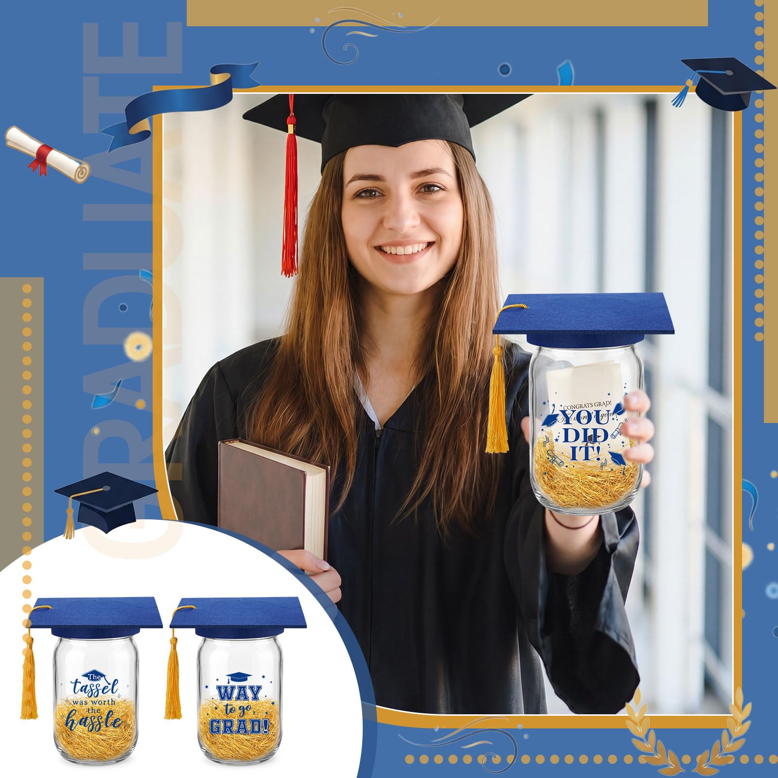 Suclain 6 Set Graduation Table Decorations Glass Mason Money Jars Gifts Class of 2026 Table Centerpieces with Felt Cap Raffia & Sticker for College High School Congrats Grad Parties(Black,Gold Tassel)