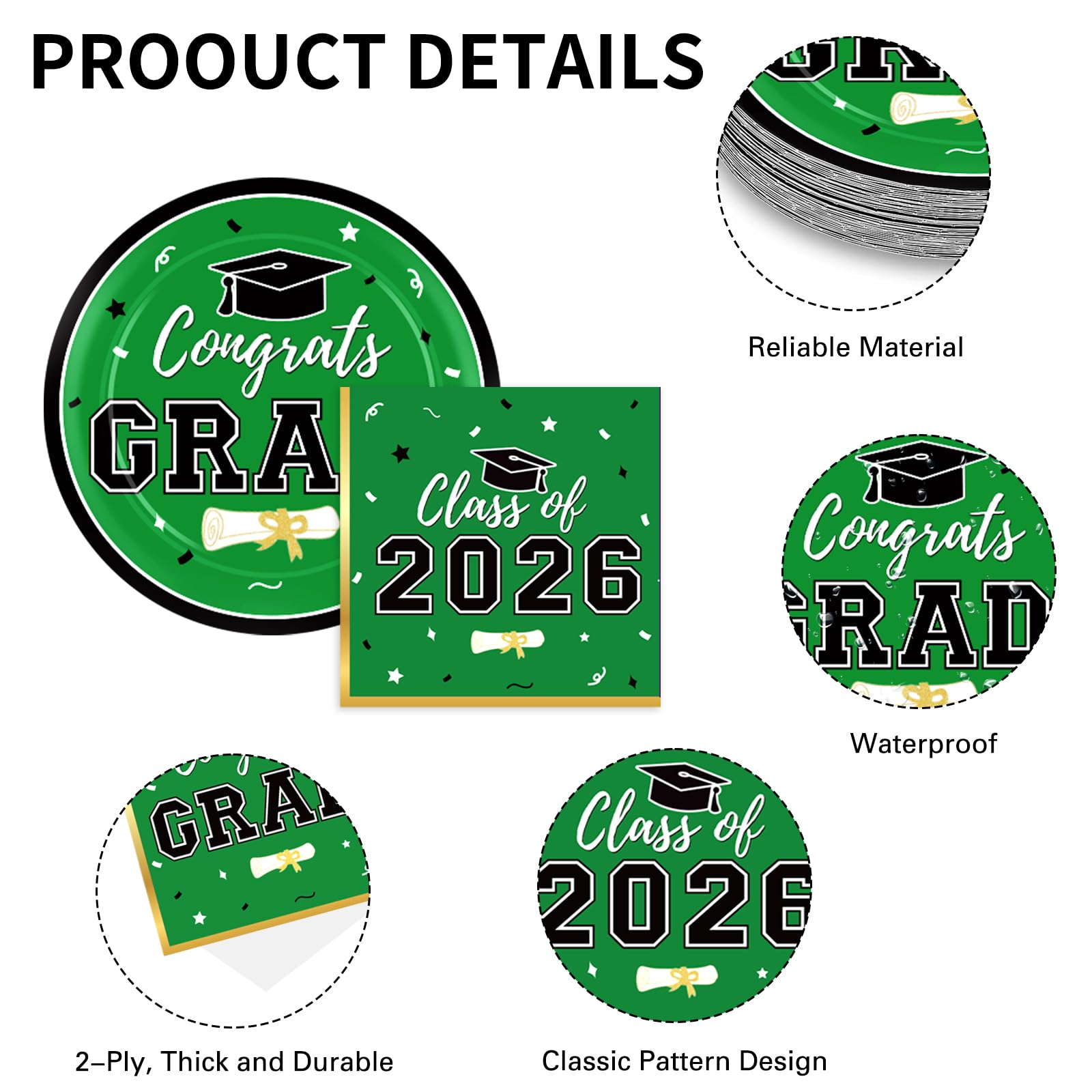 Graduation Decorations 2026 Class of 2026 Congrats Grad Disposable Paper Plates Luncheon Napkins Cocktail Napkins Black Gold Graduation Party Supplies Serve 50