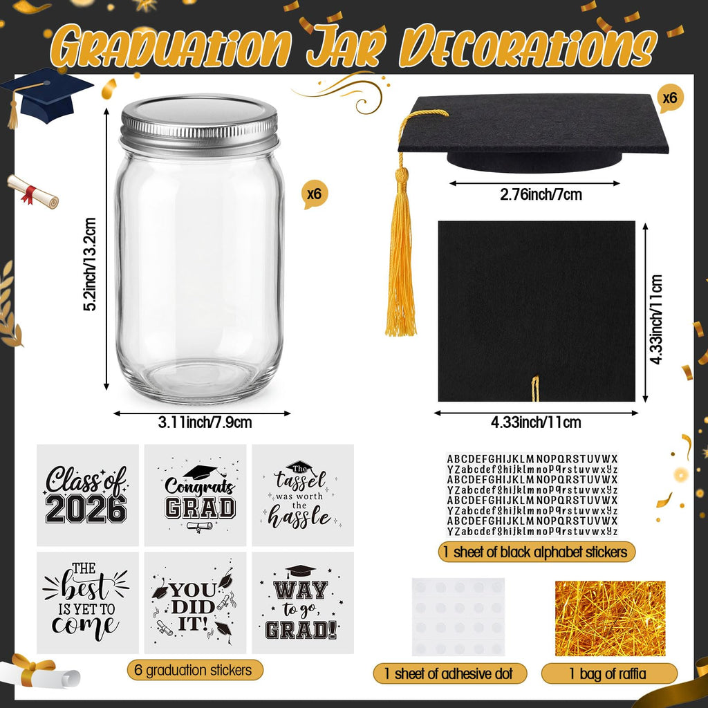Suclain 6 Set Graduation Table Decorations Glass Mason Money Jars Gifts Class of 2026 Table Centerpieces with Felt Cap Raffia & Sticker for College High School Congrats Grad Parties(Black,Gold Tassel)
