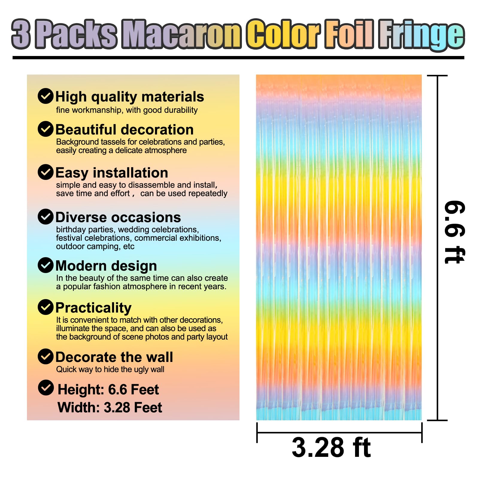 3 Pack Black Gold Silver Foil Fringe Curtain Backdrop, 3.28Ft x6.6Ft Metallic Tinsel Foil Fringe Streamer Curtains for Photo Booth, Halloween, Christmas Day, Wedding, New Year Party Decoration