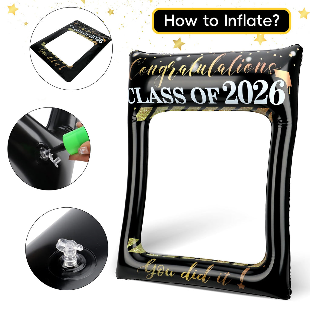 POPGIFTU Class of 2026 Graduation Photo Booth Frame, Inflatable Selfie Frame 31" x 24", Black Gold Congrats Grad Photo Booth Props for Graduation Party Decorations 2026
