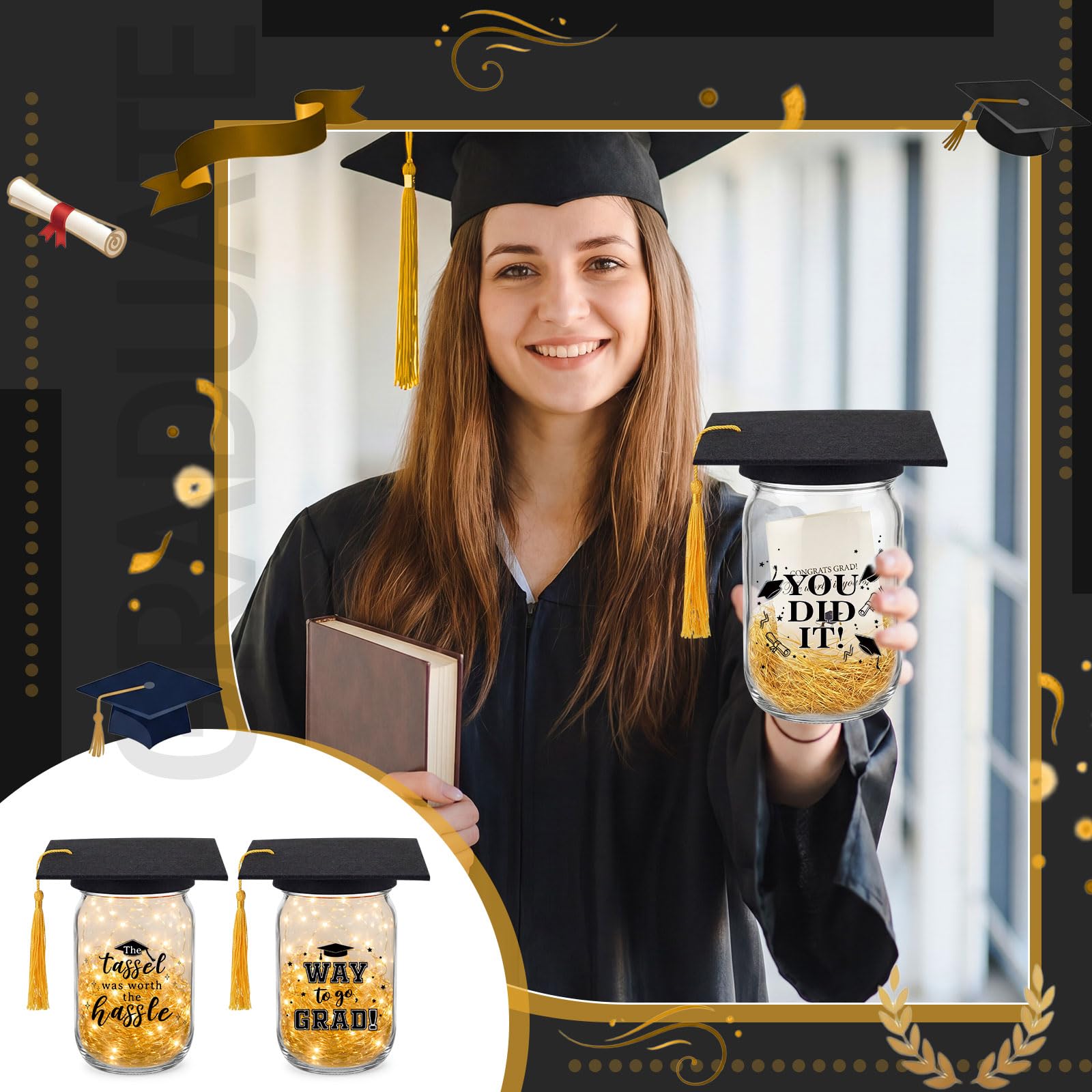Suclain 6 Set Graduation Table Decorations Glass Mason Money Jars Gifts Class of 2026 Table Centerpieces with Felt Cap Raffia & Sticker for College High School Congrats Grad Parties(Black,Gold Tassel)