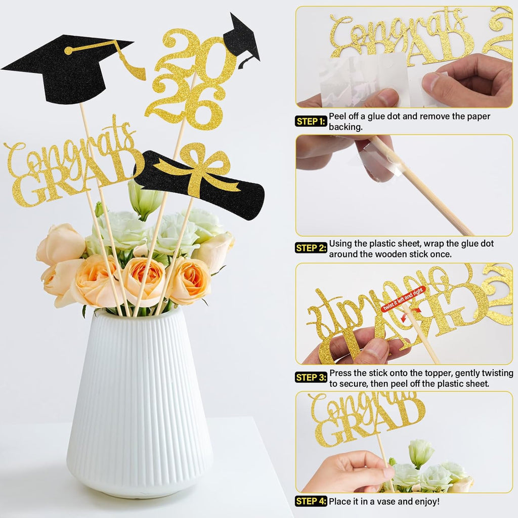 Graduation Decorations 2026, 16PCS Graduation Centerpieces for Tables, Class of 2026 Graduation Party Decorations, Gold and Black Grad Party Decors Table Toppers Sticks