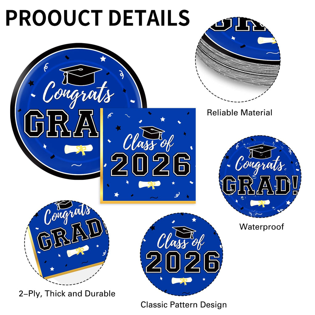 Graduation Decorations 2026 Class of 2026 Congrats Grad Disposable Paper Plates Luncheon Napkins Cocktail Napkins Black Gold Graduation Party Supplies Serve 50