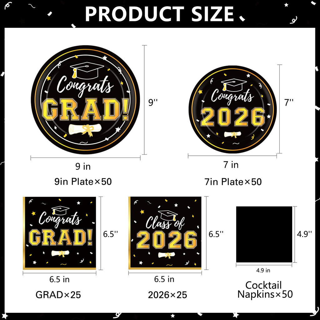 Graduation Decorations 2026 Class of 2026 Congrats Grad Disposable Paper Plates Luncheon Napkins Cocktail Napkins Black Gold Graduation Party Supplies Serve 50