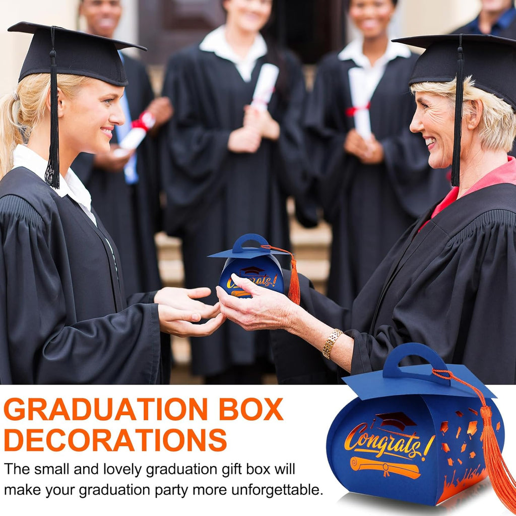 Spakon 30 Pcs Graduation Cap Gift Box Graduation Party Favors Candy Boxes Treat Box with Tassel Table Centerpieces Class of 2026 Grad Decorations(Blue, Gold)