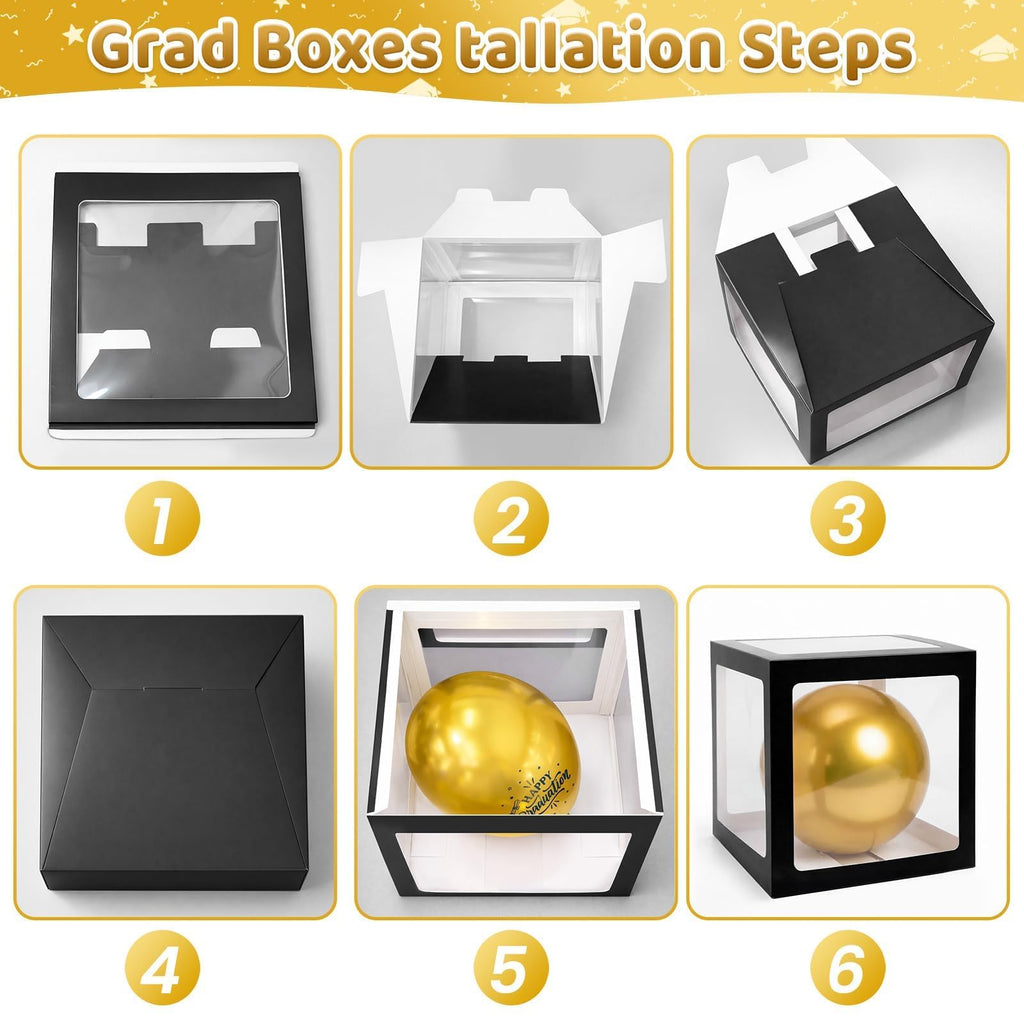 Gold and Black Graduation Party Decorations, Grad Balloon Boxes with Letters 2026 GRAD So Proud of You, Grad Balloons and Banner Decorations for Class of 2026 High School Graduation Decor