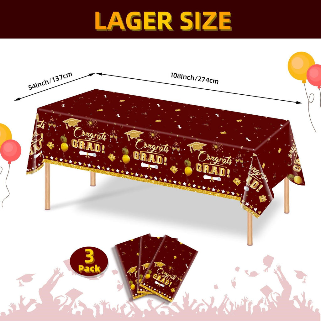 3 Pack Graduation Tablecloth Decorations,54x128inch Black Gold Congrats Grad Disposable Plastic Waterproof Rectangular Table Cloth Cover Decor for Class of 2026 College High School Party Supplies