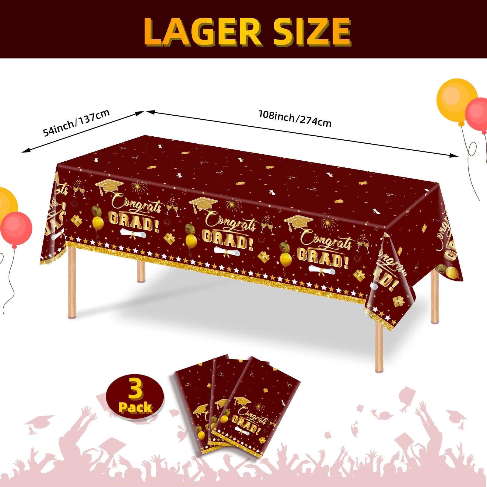 3 Pack Graduation Tablecloth Decorations,54x128inch Black Gold Congrats Grad Disposable Plastic Waterproof Rectangular Table Cloth Cover Decor for Class of 2026 College High School Party Supplies