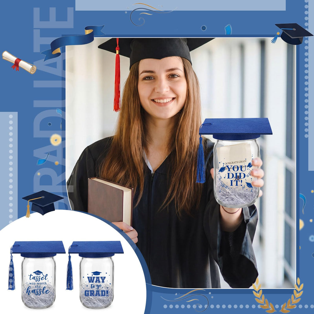 Suclain 6 Set Graduation Table Decorations Glass Mason Money Jars Gifts Class of 2026 Table Centerpieces with Felt Cap Raffia & Sticker for College High School Congrats Grad Parties(Black,Gold Tassel)