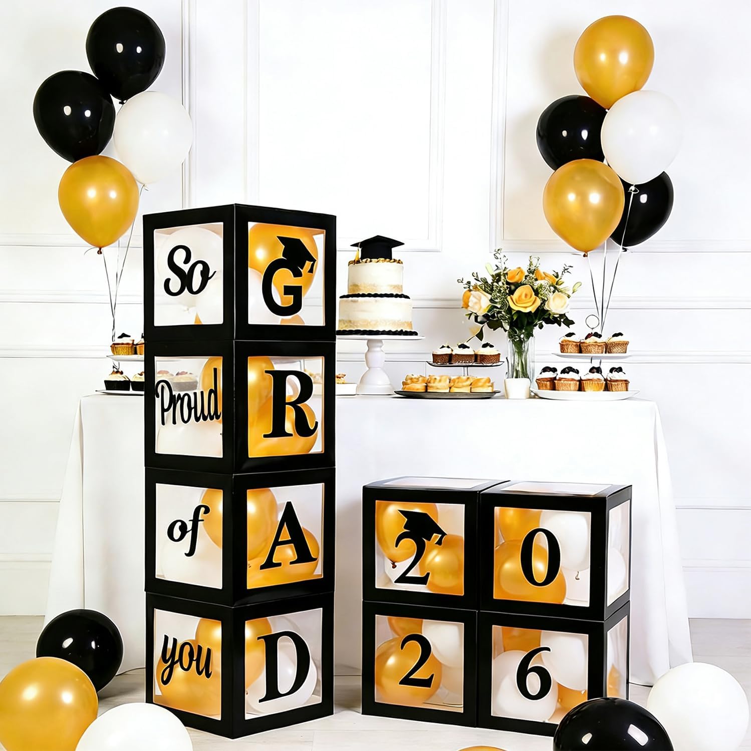 Graduation Decorations 2026 Set of 4 Boxes with 20pcs Balloons and Letters 2026 GRAD So Proud of You - Class of 2026 Party Supplies for High School & College Celebrations