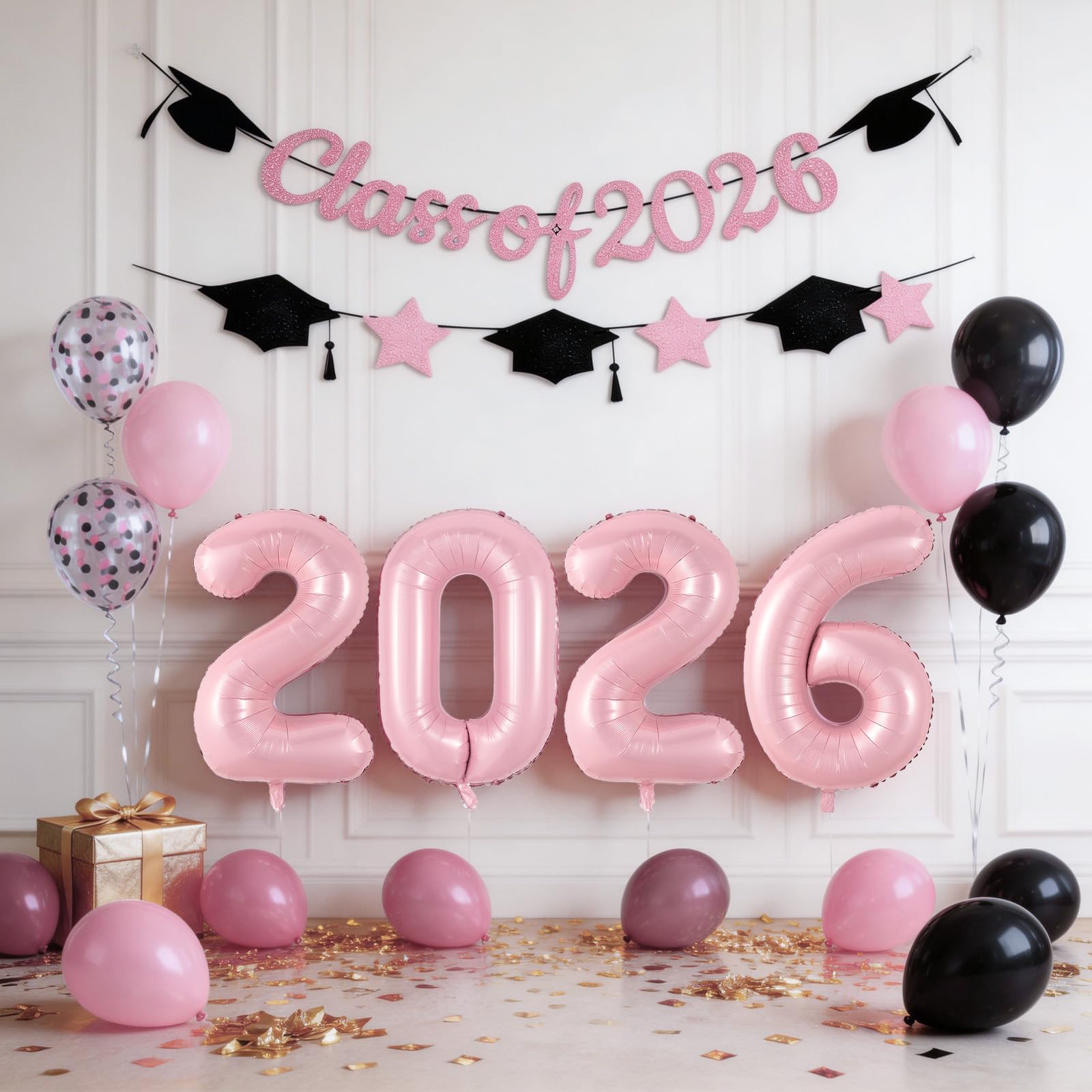 Graduation Balloons Class of 2026, Black Gold Graduation Party Decorations Set with 32in 2026 Number Balloons Confetti Balloon Star Cap Garland Banner for Senior High School College Grad Party Decor