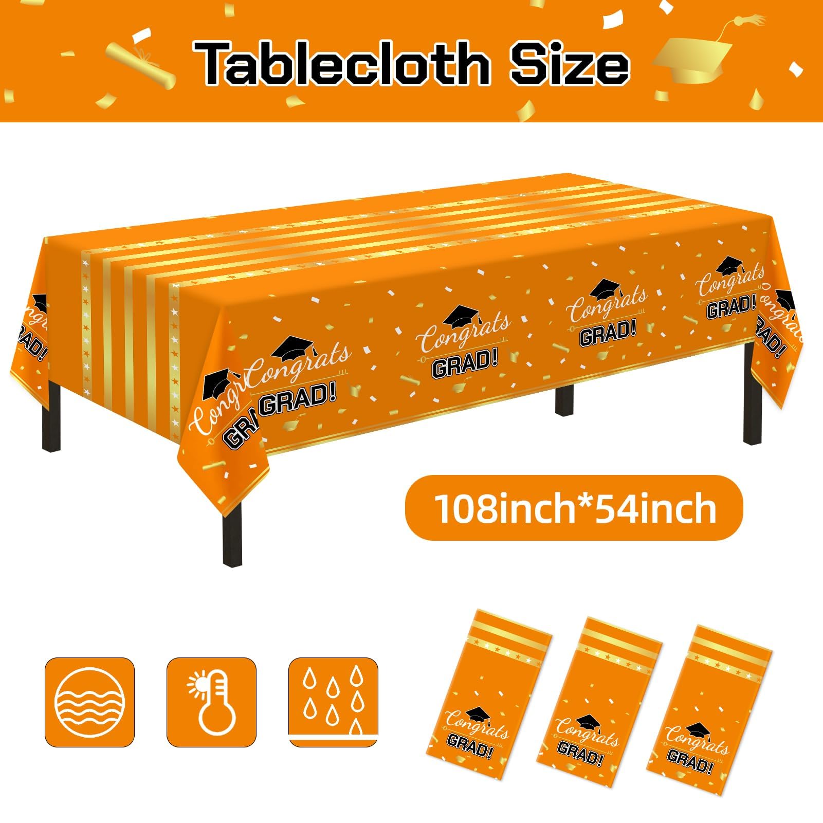Childom 3 Pack Graduation Tablecloth,Graduation Decorations Class of 2026 Graduation Party Decorations,54"x108" Black and Gold Plastic Table Cloth Disposable for Home,School,Birthday,Wedding,Parties