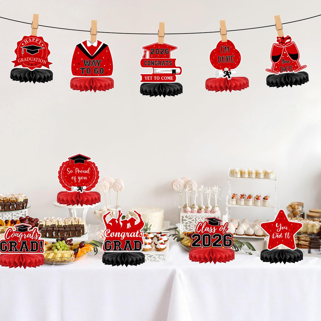 10Pcs Graduation Decorations 2026 Class of 2026 Congrats Grad Table Honeycomb Centerpieces Graduation Party Supplies for kindergarten K-12th College Any Grade Black
