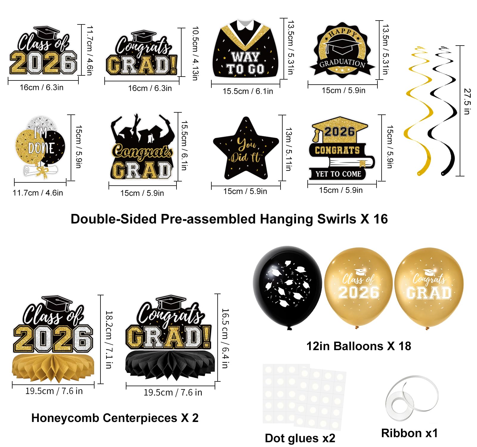 59Pcs Graduation Decorations 2026 Backdrop Balloons Banner Centerpiece Hanging Swirls Grad Class of 2026 Decorations for kindergarten K-12th College Any Grade Black Gold Themed
