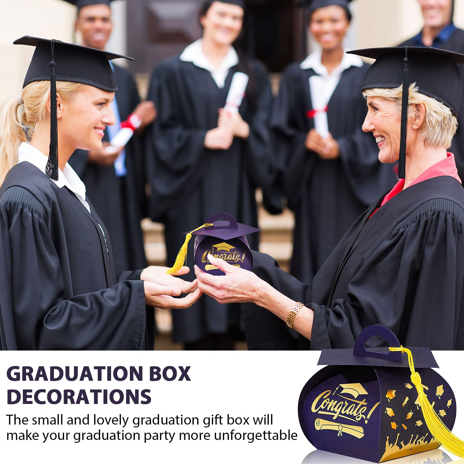 Spakon 30 Pcs Graduation Cap Gift Box Graduation Party Favors Candy Boxes Treat Box with Tassel Table Centerpieces Class of 2026 Grad Decorations(Blue, Gold)
