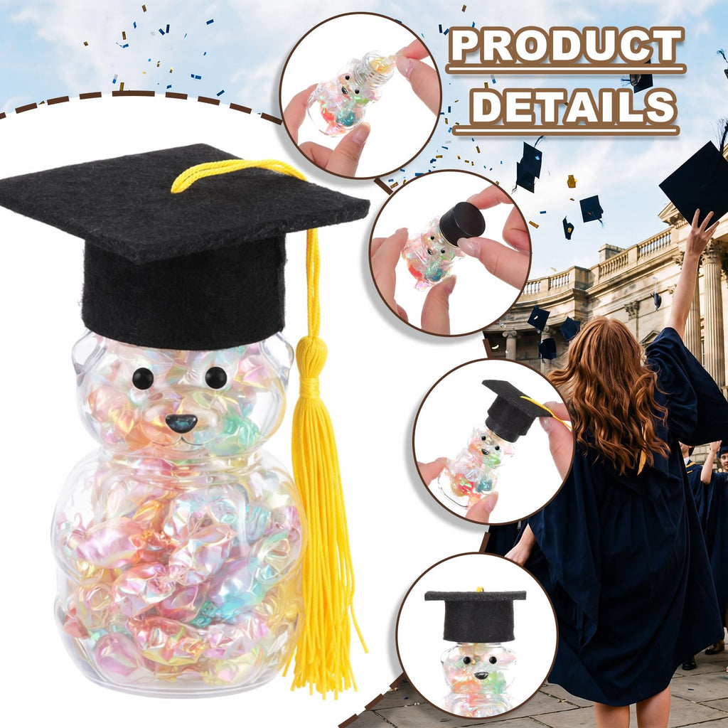 15 Set Graduation Cap Bear Jars Graduation Candy Boxes Containers Plastic Clear Bear Jars with Black Grad Cap and Tassel Grad Gifts Bulk for Party Favors Decorations (60 ml,Black Eyes)