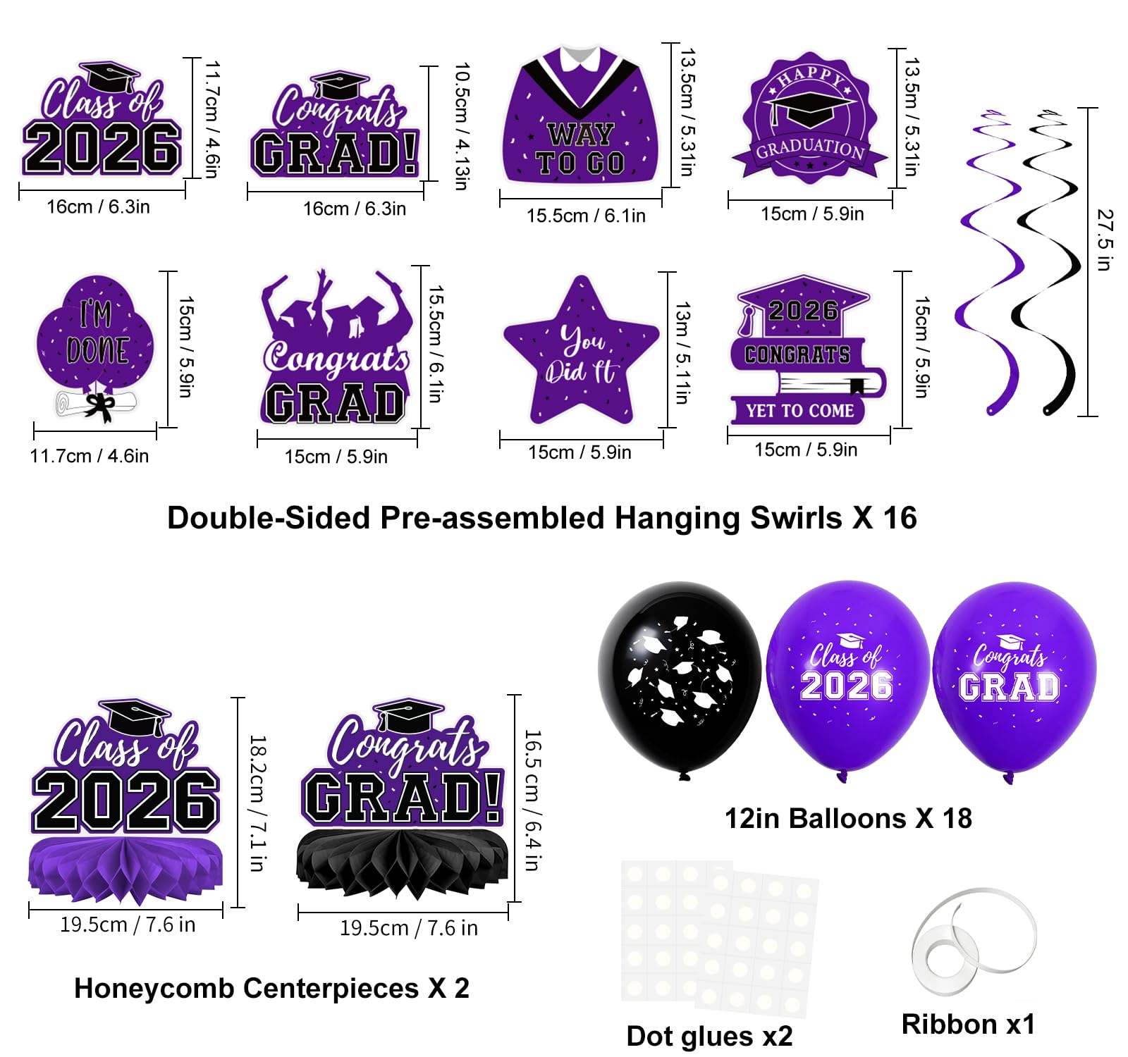 59Pcs Graduation Decorations 2026 Backdrop Balloons Banner Centerpiece Hanging Swirls Grad Class of 2026 Decorations for kindergarten K-12th College Any Grade Black Gold Themed
