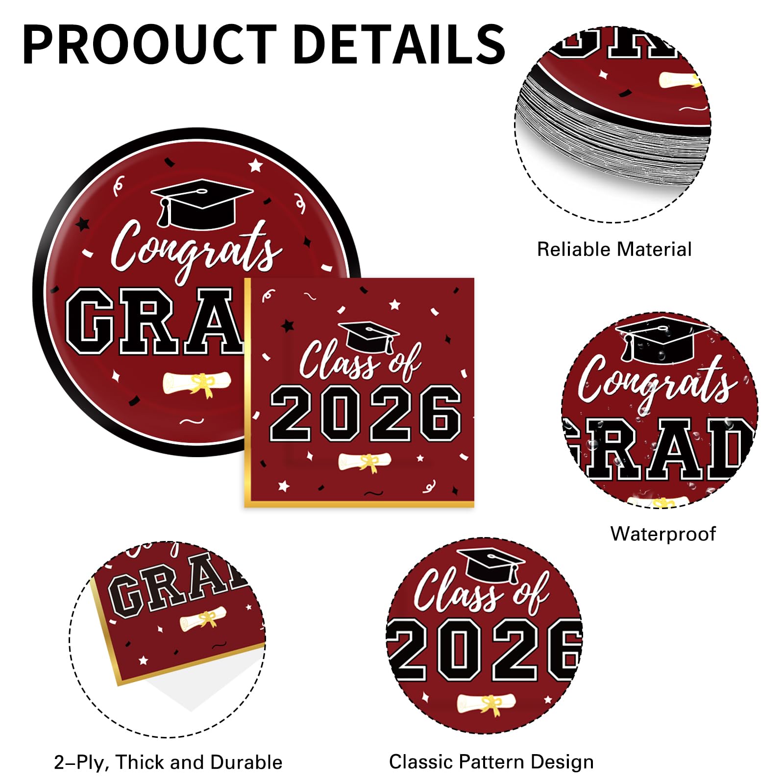 Graduation Decorations 2026 Class of 2026 Congrats Grad Disposable Paper Plates Luncheon Napkins Cocktail Napkins Black Gold Graduation Party Supplies Serve 50