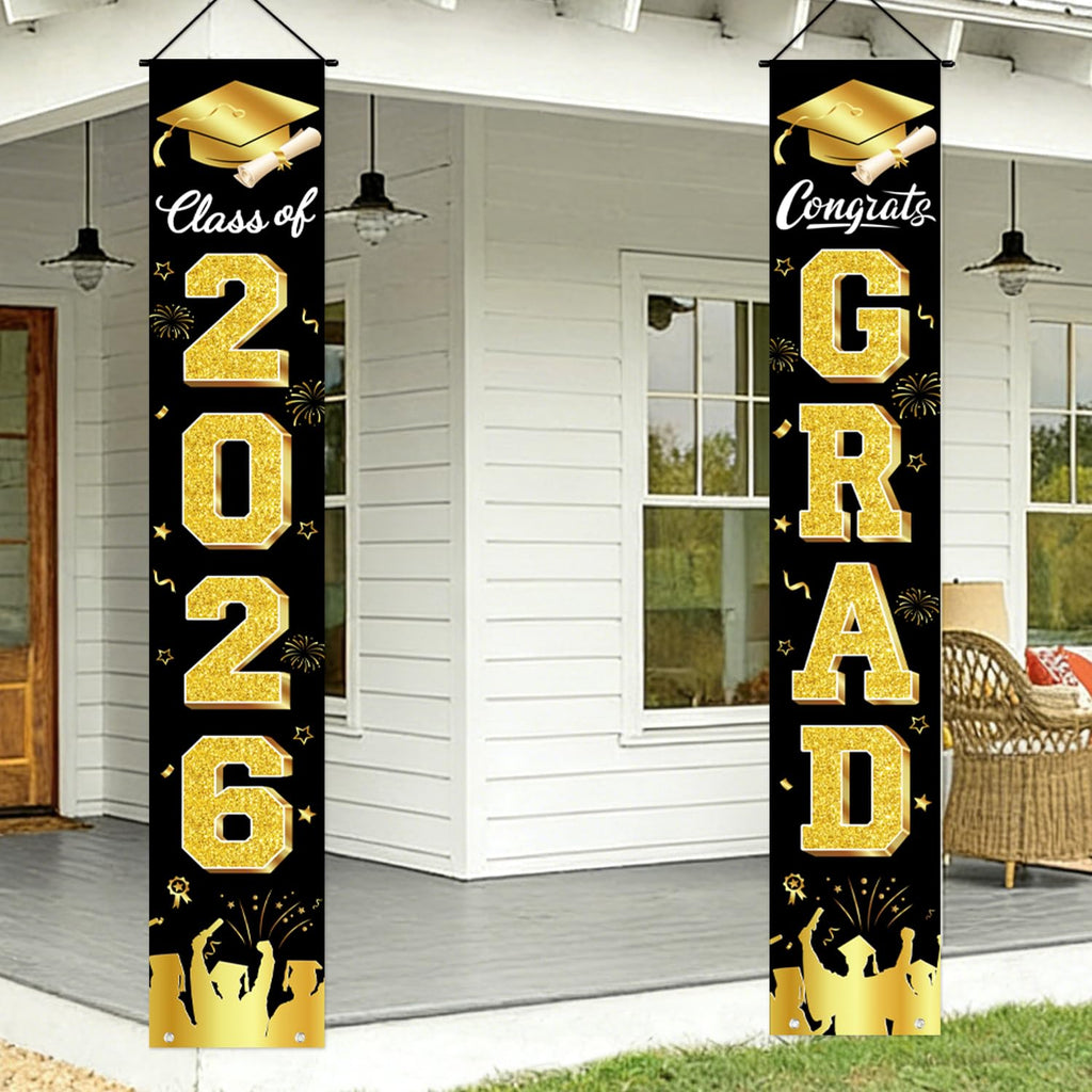 Graduation Decorations 2026 Porch Banner, Black and Gold Graduation Banner Class of 2026, Congrats Grad Decorations for Door and Porch Party Supplies