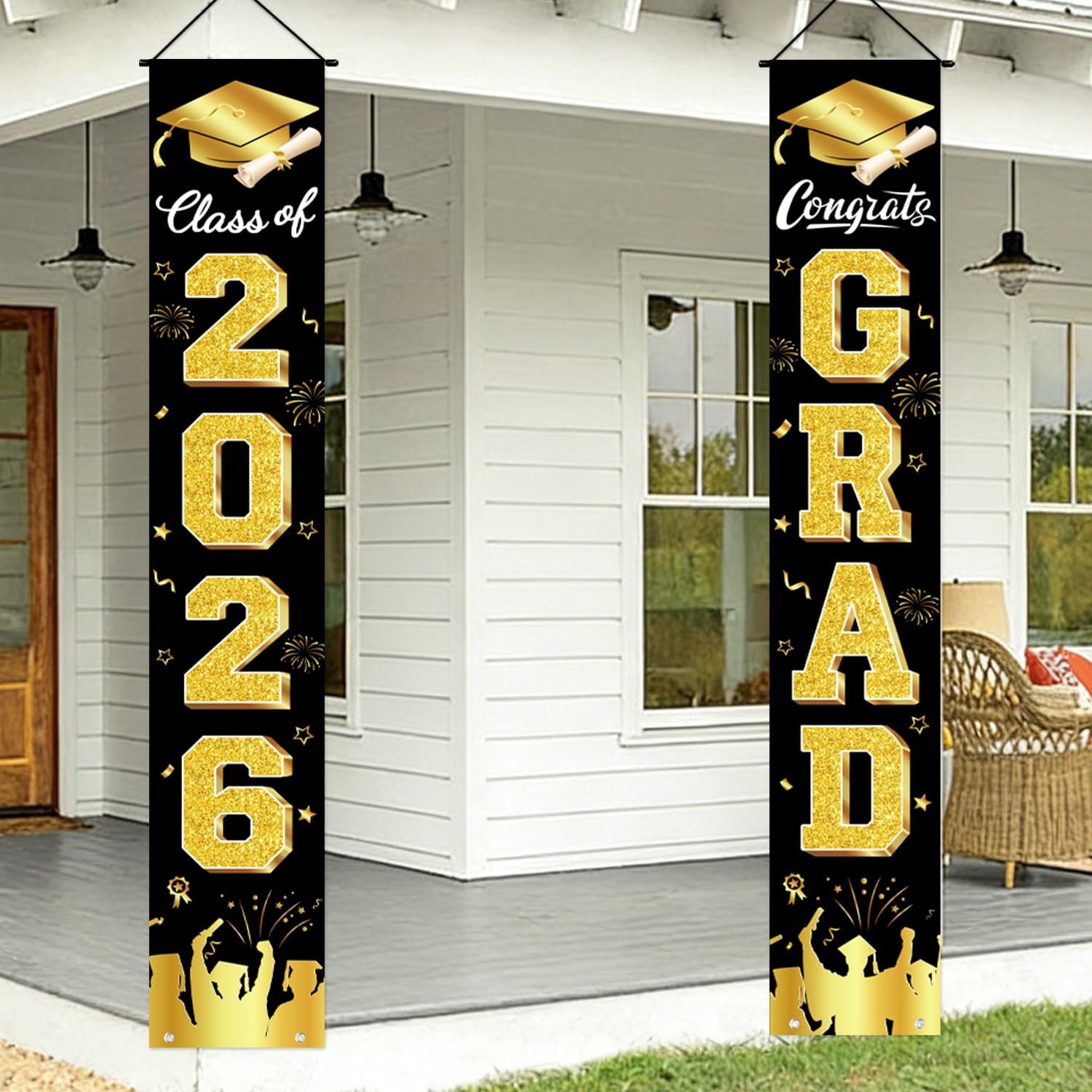Graduation Decorations 2026 Porch Banner, Black and Gold Graduation Banner Class of 2026, Congrats Grad Decorations for Door and Porch Party Supplies