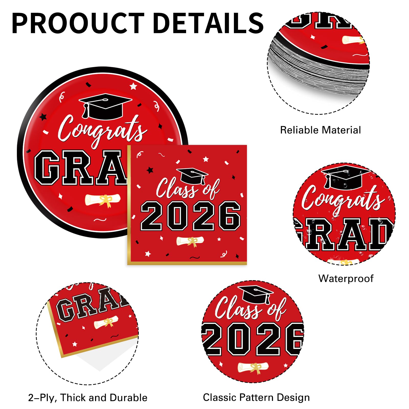 Graduation Decorations 2026 Class of 2026 Congrats Grad Disposable Paper Plates Luncheon Napkins Cocktail Napkins Black Gold Graduation Party Supplies Serve 50