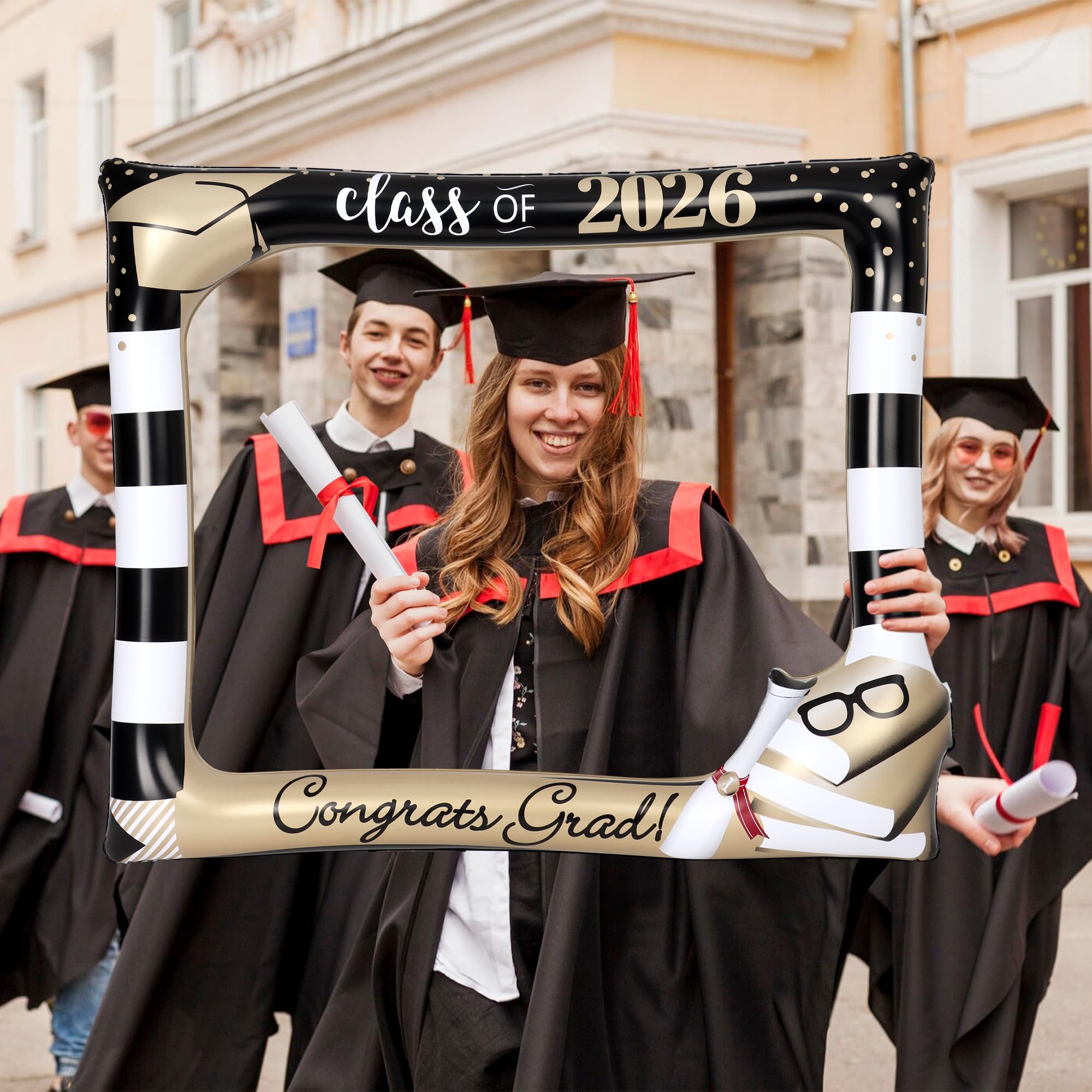 POPGIFTU Class of 2026 Graduation Photo Booth Frame, Inflatable Selfie Frame 31" x 24", Black Gold Congrats Grad Photo Booth Props for Graduation Party Decorations 2026
