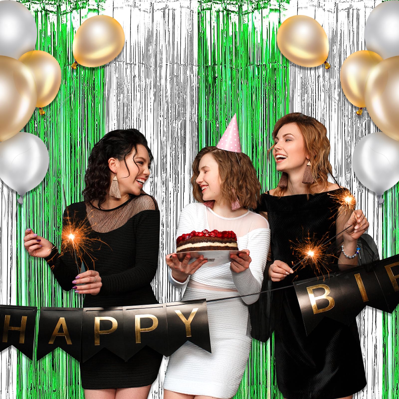 3 Pack Black Gold Silver Foil Fringe Curtain Backdrop, 3.28Ft x6.6Ft Metallic Tinsel Foil Fringe Streamer Curtains for Photo Booth, Halloween, Christmas Day, Wedding, New Year Party Decoration