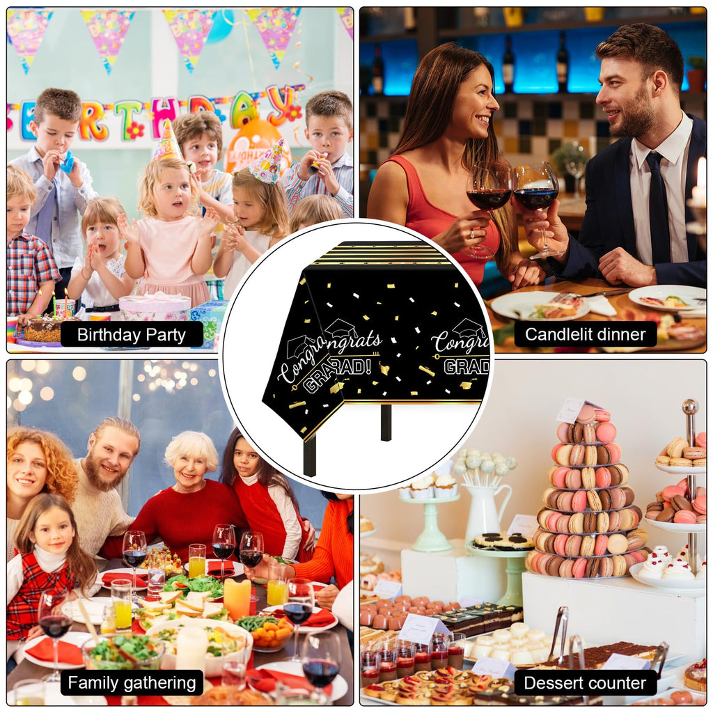 Childom 3 Pack Graduation Tablecloth,Graduation Decorations Class of 2026 Graduation Party Decorations,54"x108" Black and Gold Plastic Table Cloth Disposable for Home,School,Birthday,Wedding,Parties