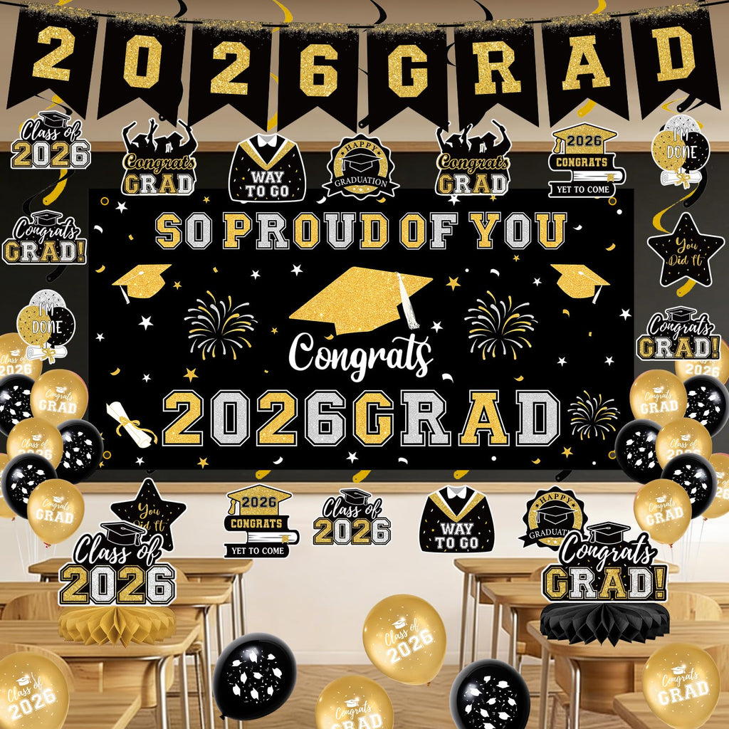 59Pcs Graduation Decorations 2026 Backdrop Balloons Banner Centerpiece Hanging Swirls Grad Class of 2026 Decorations for kindergarten K-12th College Any Grade Black Gold Themed