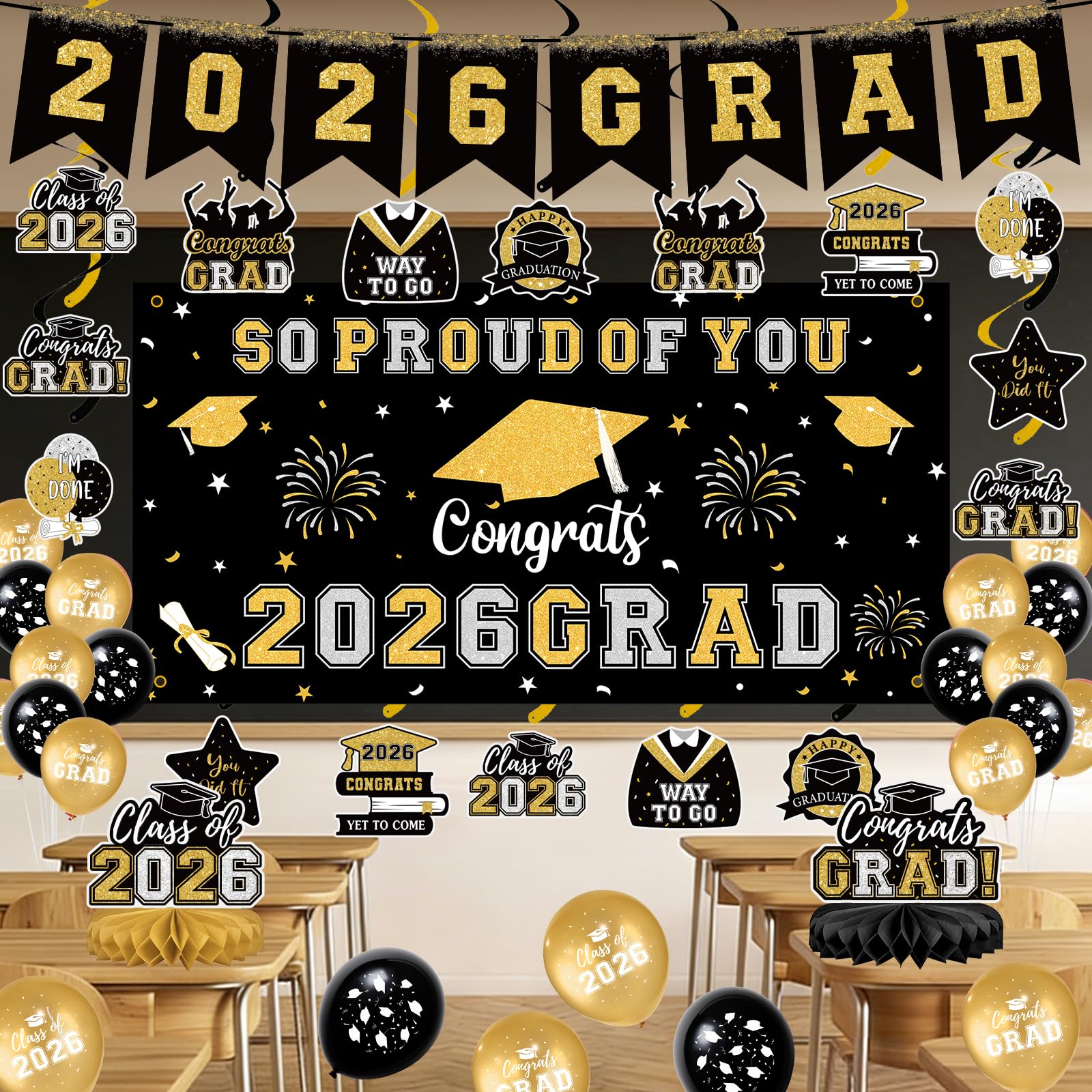 59Pcs Graduation Decorations 2026 Backdrop Balloons Banner Centerpiece Hanging Swirls Grad Class of 2026 Decorations for kindergarten K-12th College Any Grade Black Gold Themed