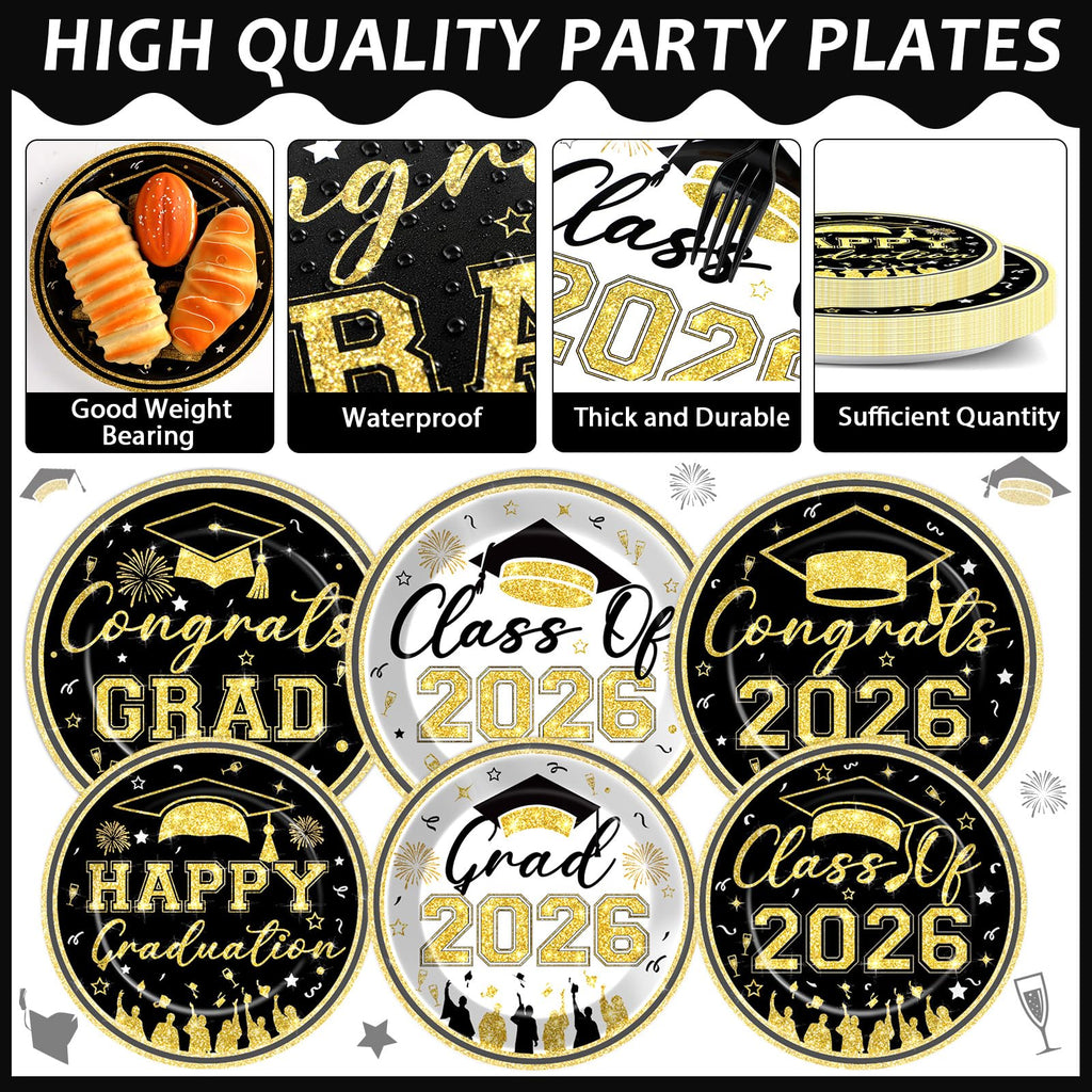96Pcs Graduation Plates and Napkins 2026 Congrats Grad Party Decorations Grad Party Tableware Supplies Class of 2026 Disposable Dinnerware for Graduate Parties Decor Serve 24, Black and Gold