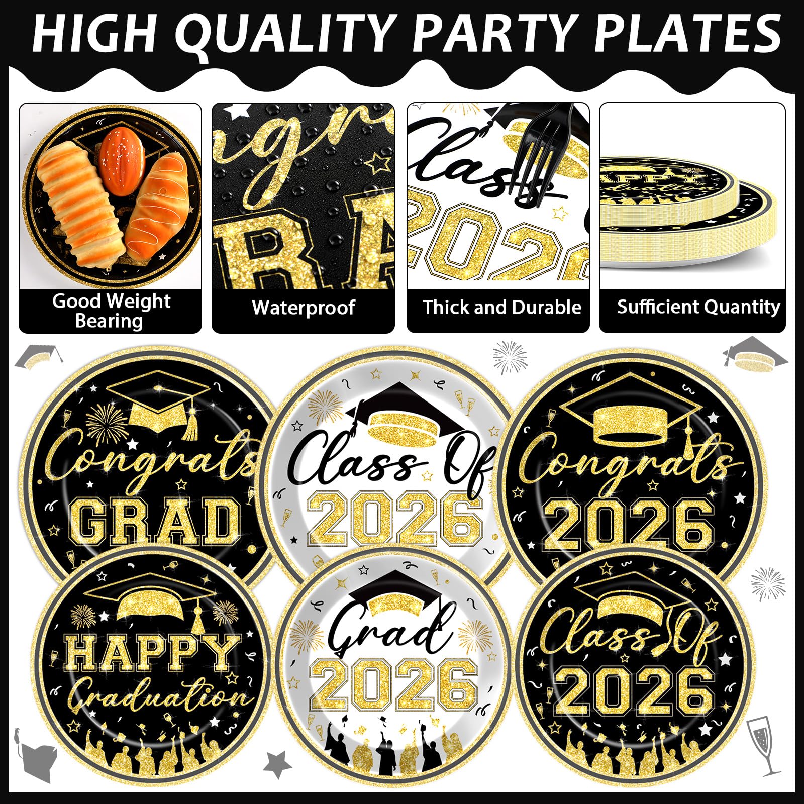 96Pcs Graduation Plates and Napkins 2026 Congrats Grad Party Decorations Grad Party Tableware Supplies Class of 2026 Disposable Dinnerware for Graduate Parties Decor Serve 24, Black and Gold