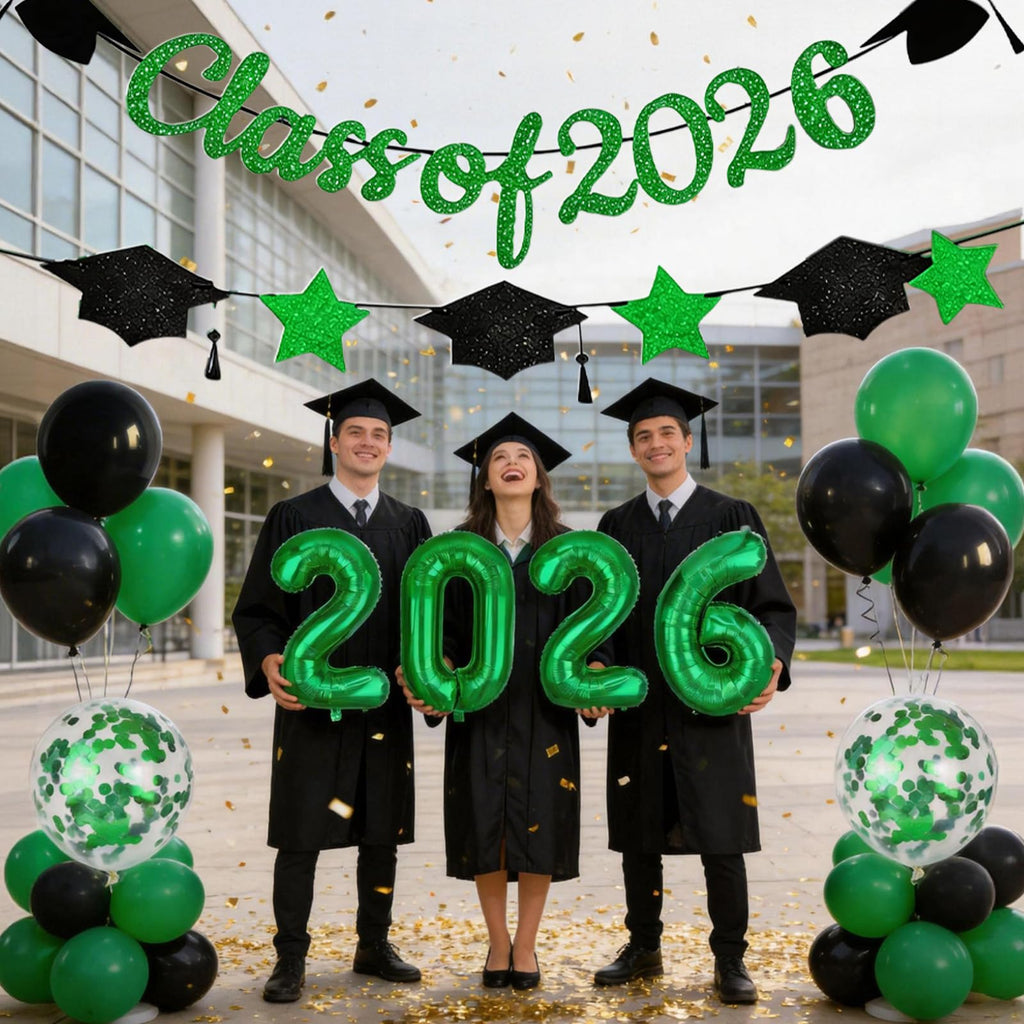Graduation Balloons Class of 2026, Black Gold Graduation Party Decorations Set with 32in 2026 Number Balloons Confetti Balloon Star Cap Garland Banner for Senior High School College Grad Party Decor