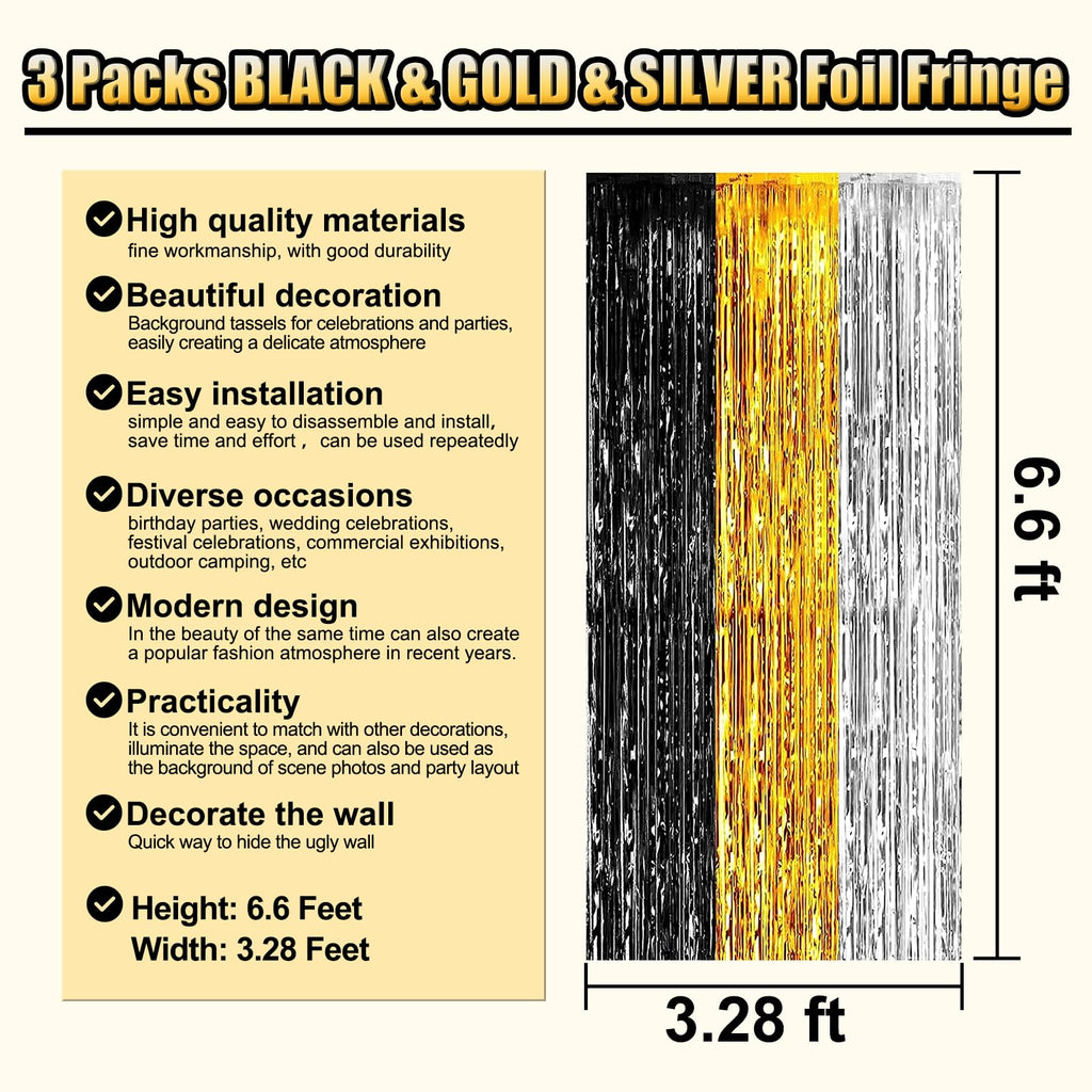 3 Pack Black Gold Silver Foil Fringe Curtain Backdrop, 3.28Ft x6.6Ft Metallic Tinsel Foil Fringe Streamer Curtains for Photo Booth, Halloween, Christmas Day, Wedding, New Year Party Decoration