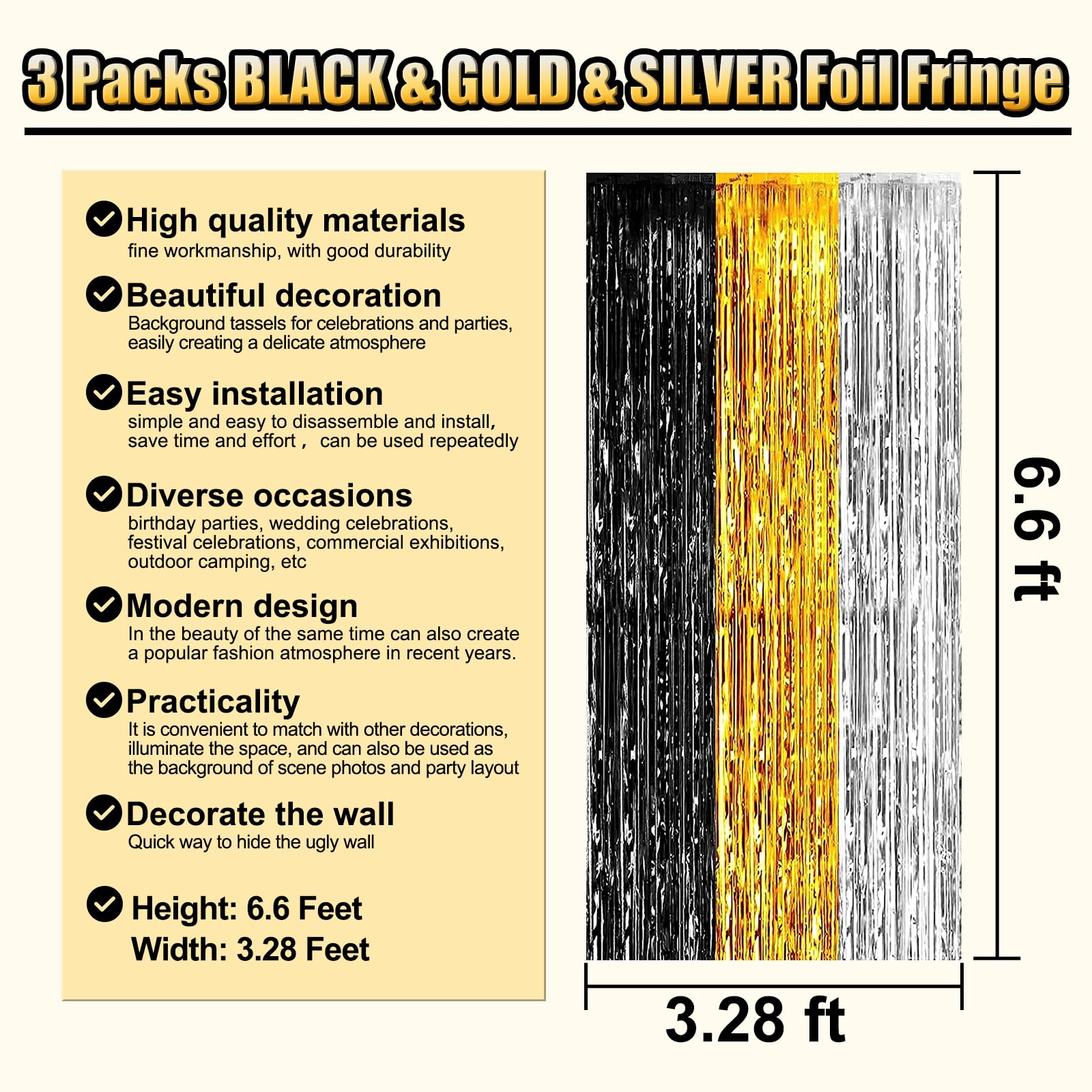 3 Pack Black Gold Silver Foil Fringe Curtain Backdrop, 3.28Ft x6.6Ft Metallic Tinsel Foil Fringe Streamer Curtains for Photo Booth, Halloween, Christmas Day, Wedding, New Year Party Decoration