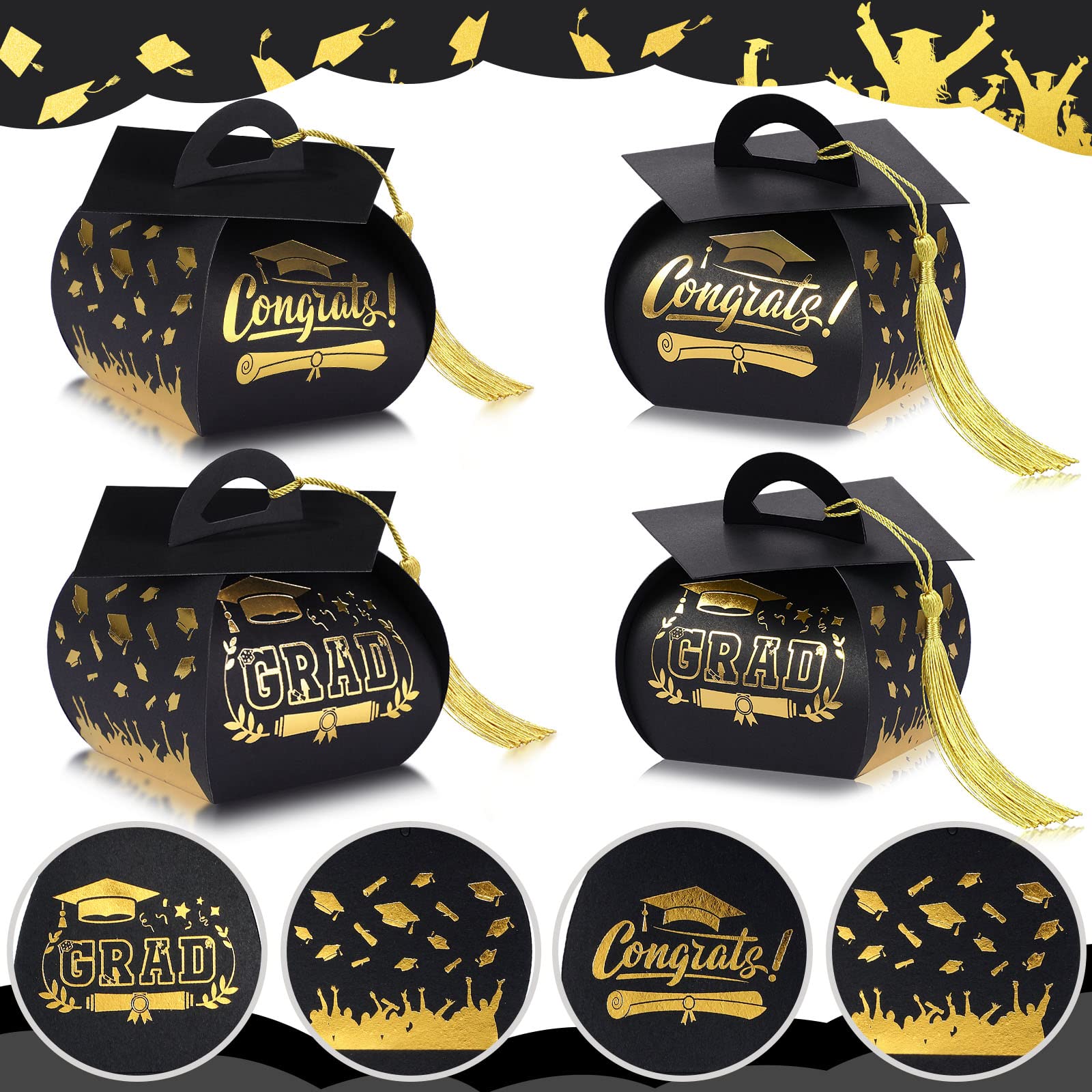 Spakon 30 Pcs Graduation Cap Gift Box Graduation Party Favors Candy Boxes Treat Box with Tassel Table Centerpieces Class of 2026 Grad Decorations(Blue, Gold)