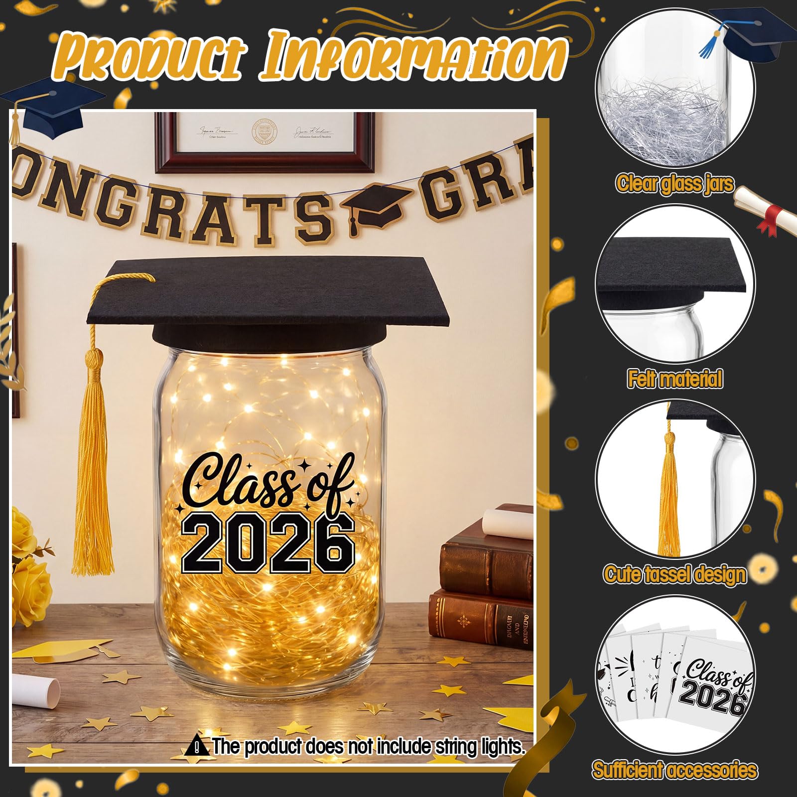Suclain 6 Set Graduation Table Decorations Glass Mason Money Jars Gifts Class of 2026 Table Centerpieces with Felt Cap Raffia & Sticker for College High School Congrats Grad Parties(Black,Gold Tassel)