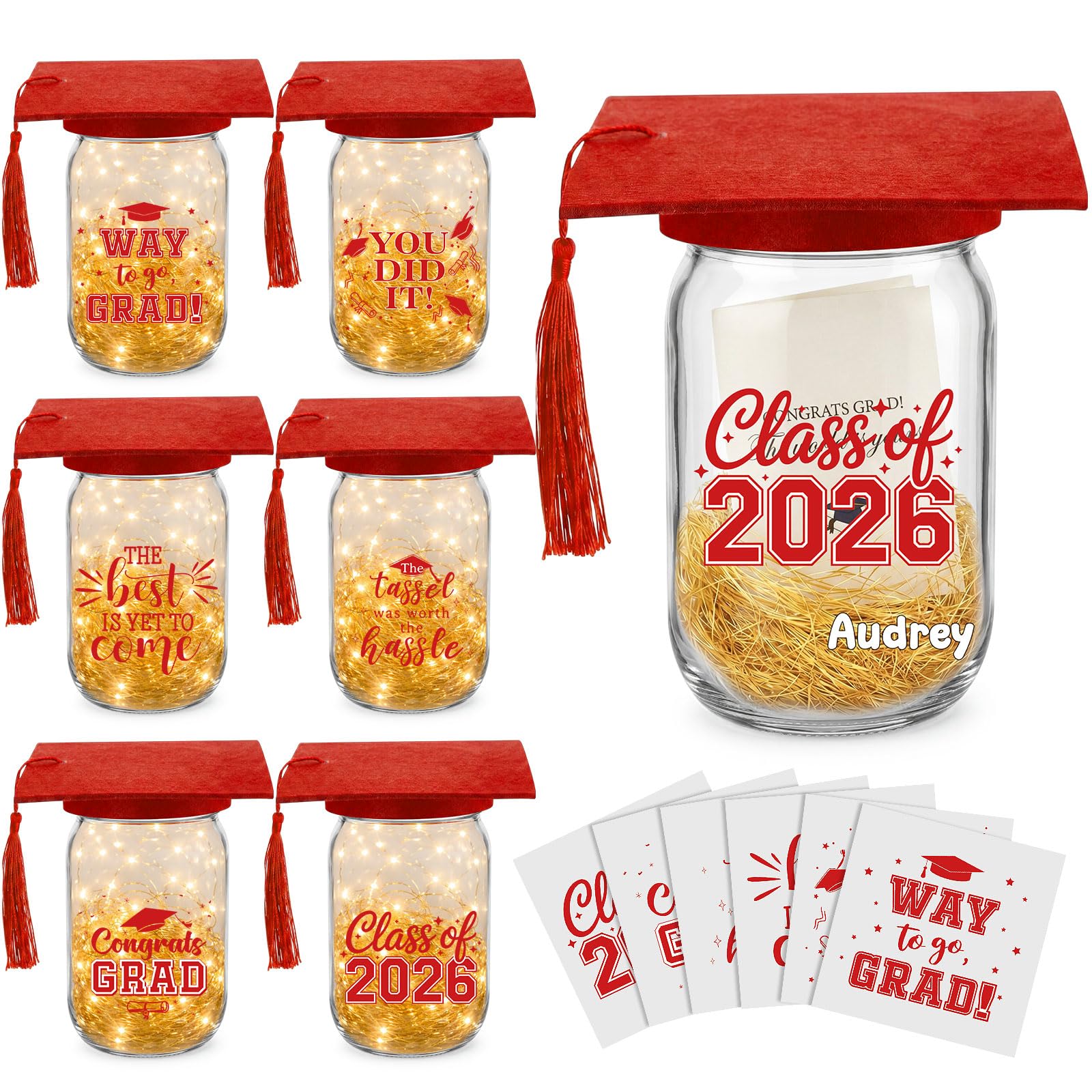 Suclain 6 Set Graduation Table Decorations Glass Mason Money Jars Gifts Class of 2026 Table Centerpieces with Felt Cap Raffia & Sticker for College High School Congrats Grad Parties(Black,Gold Tassel)