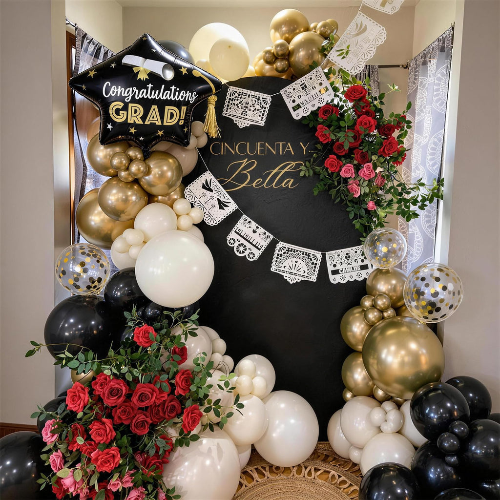 Black and Gold Balloons Graduation Balloon with Grad Foil Balloons Black White Sand Beige Gold Metallic Balloon for Grad Prom High School College Baby Shower Anniversary Birthday Party Decor