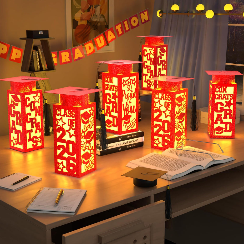 6 Pcs Graduation Table Centerpieces Boxes Class of 2026, Golden Graduation Paper Lanterns Boxes with String Lights Hollow Out for Congrats Grad School College Table Decorations Grad Party Photo Props