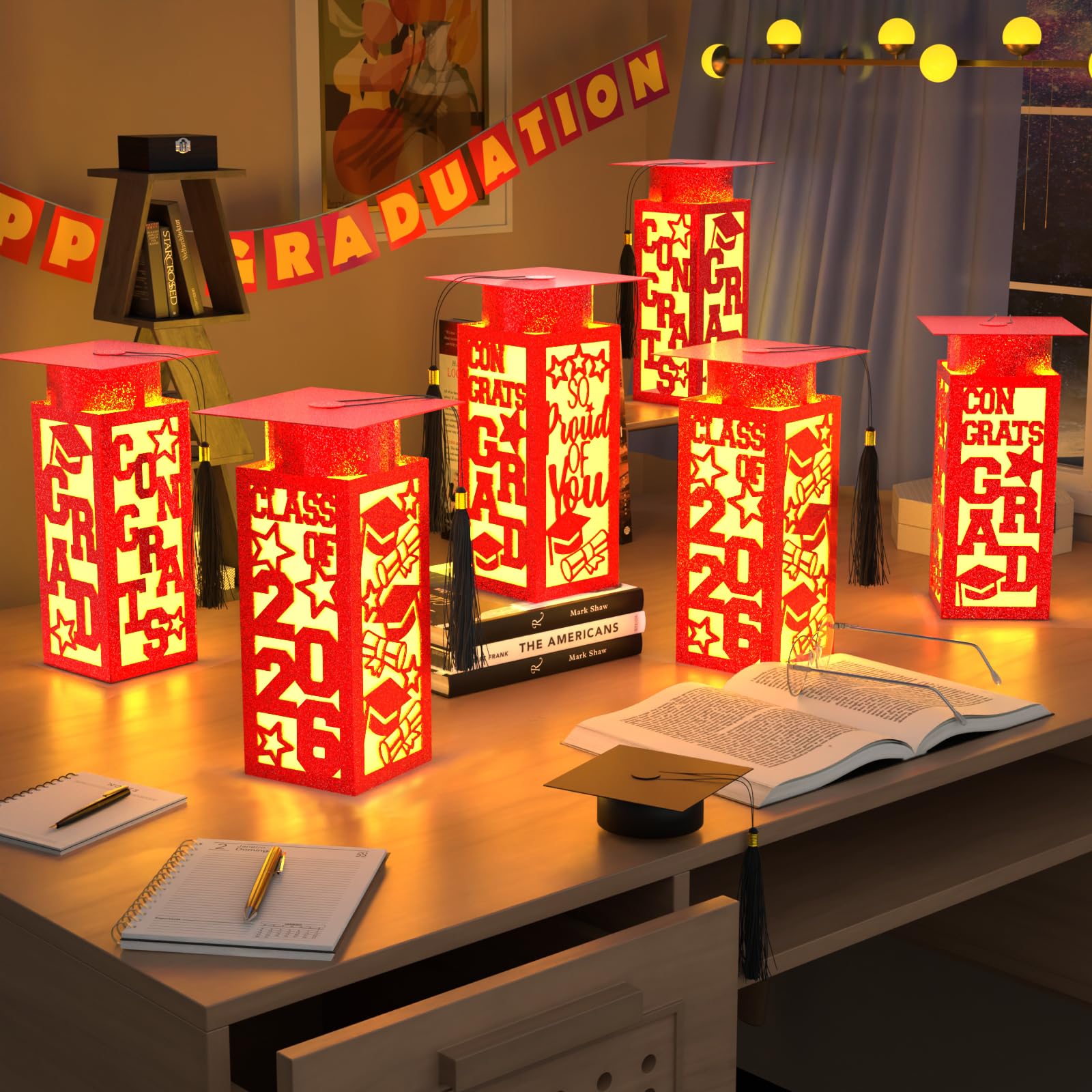 6 Pcs Graduation Table Centerpieces Boxes Class of 2026, Golden Graduation Paper Lanterns Boxes with String Lights Hollow Out for Congrats Grad School College Table Decorations Grad Party Photo Props
