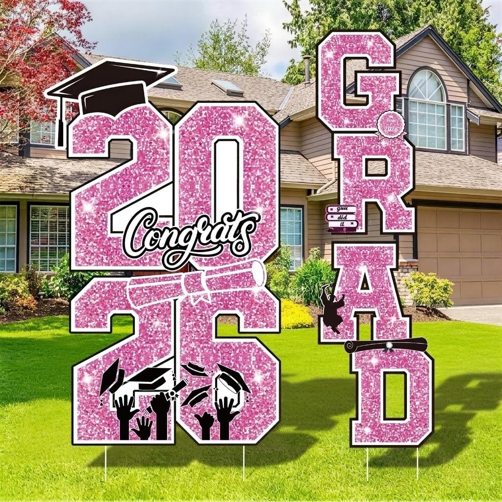 Graduation Yard Sign Class of 2026 Decorations, 4pcs Large Size Black and Gold Congrats Grad 2026 Lawn Yard Sign with Stakes for High School College Indoor Outdoor Graduation Party Decor Supplies